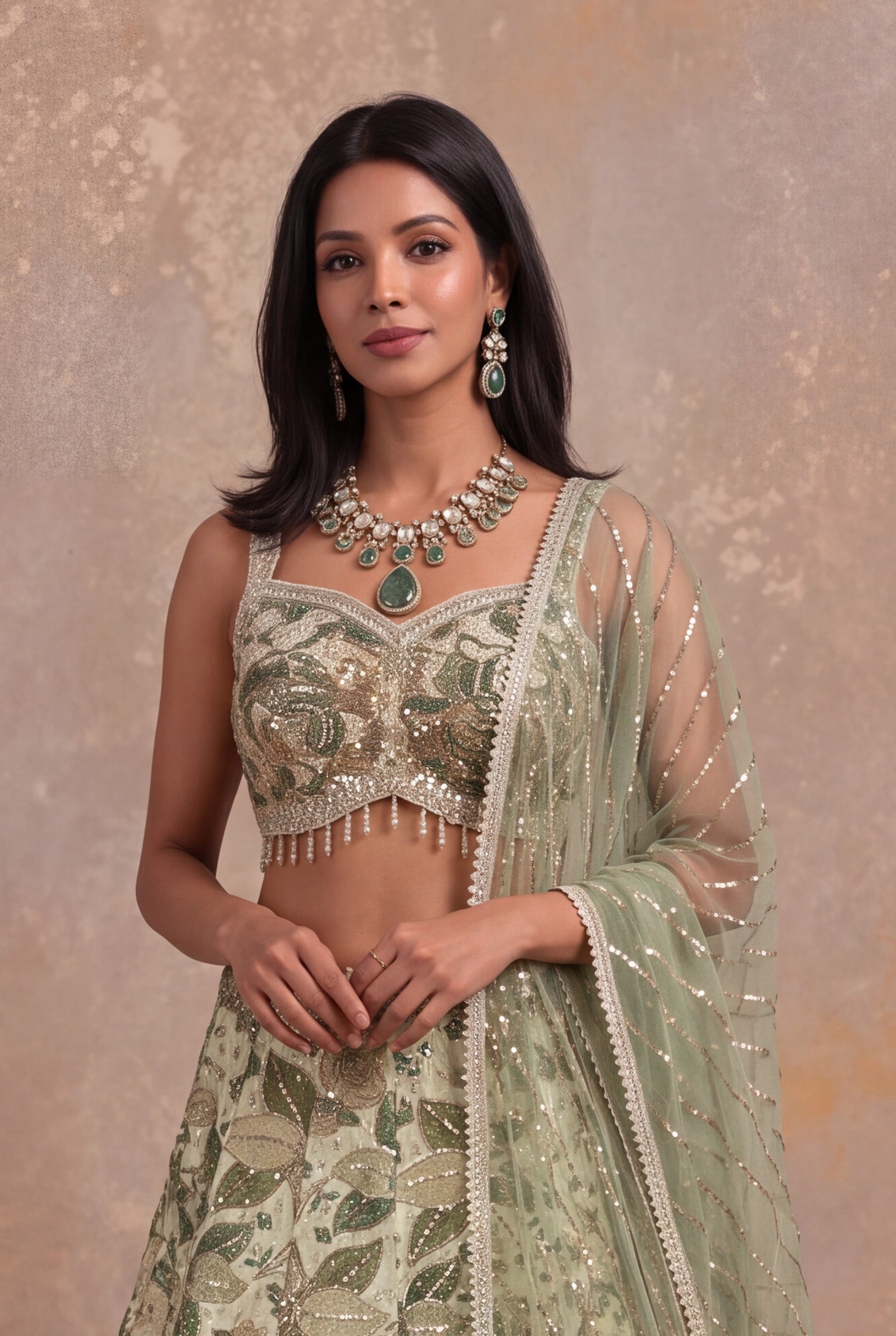 Pistachio Green Crepe Lehenga with Zari, Sequin & Stone Floral Embroidery