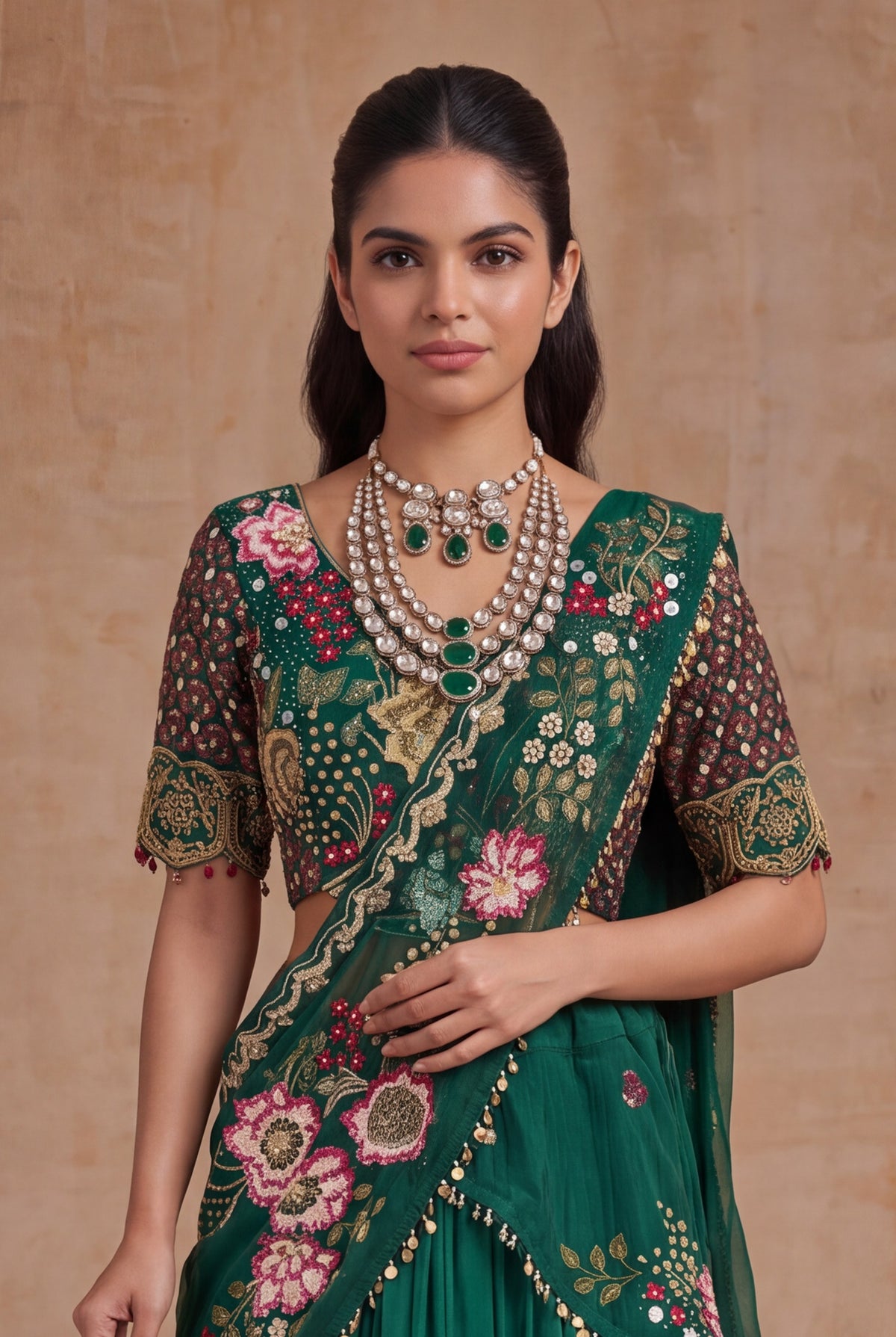 Emerald Green Draped Silk Lehenga set - Mokshaa