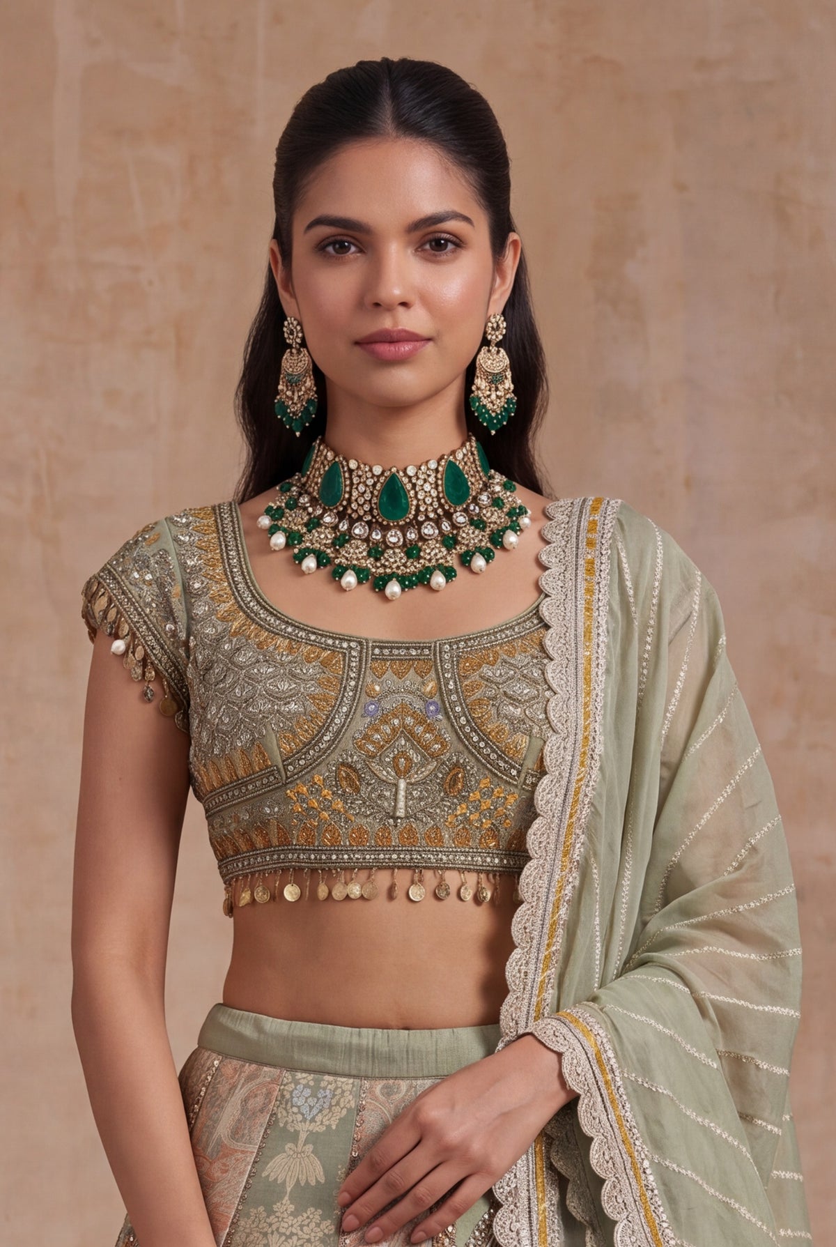 Light Green & Mustard Banarasi Printed Lehenga - Mokshaa