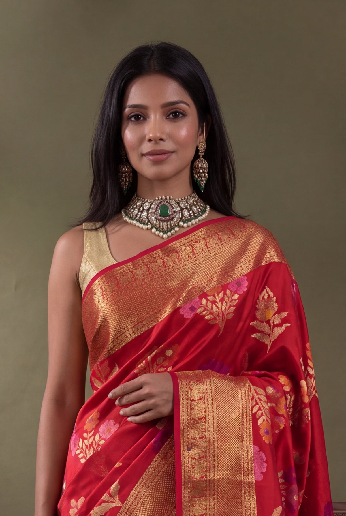 Red Banarasi Silk Saree with Kanjivaram Border - Mokshaa