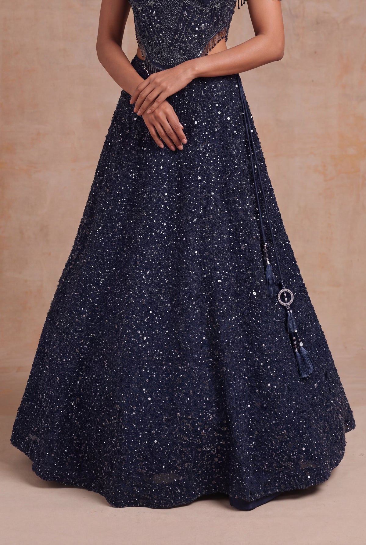 Navy Blue Indo-Western Net Lehenga - Mokshaa