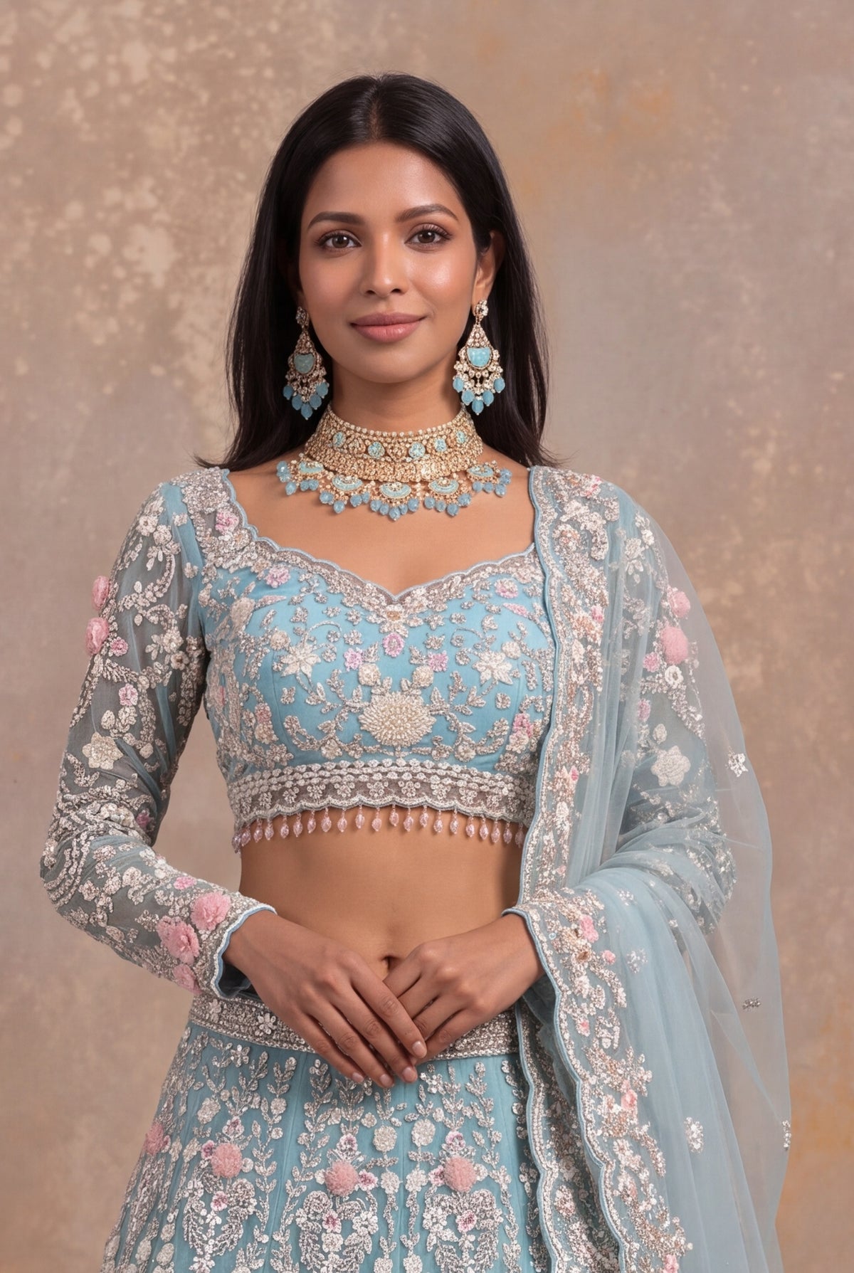 Sea Blue Net Lehenga Set with Sequin and Floral Applique Work - Mokshaa