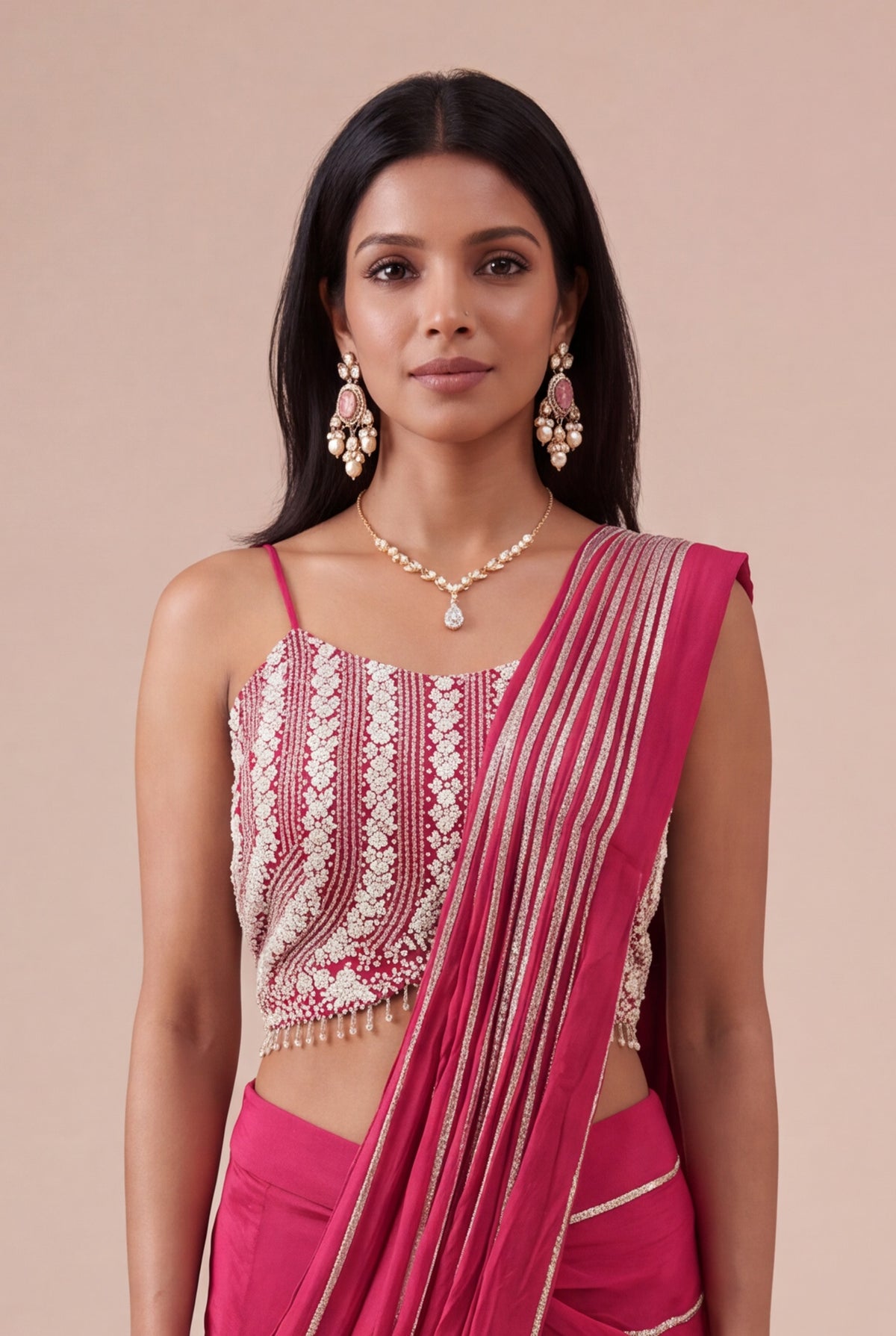 Rani Pink Chinon Crepe Draped Saree - Mokshaa