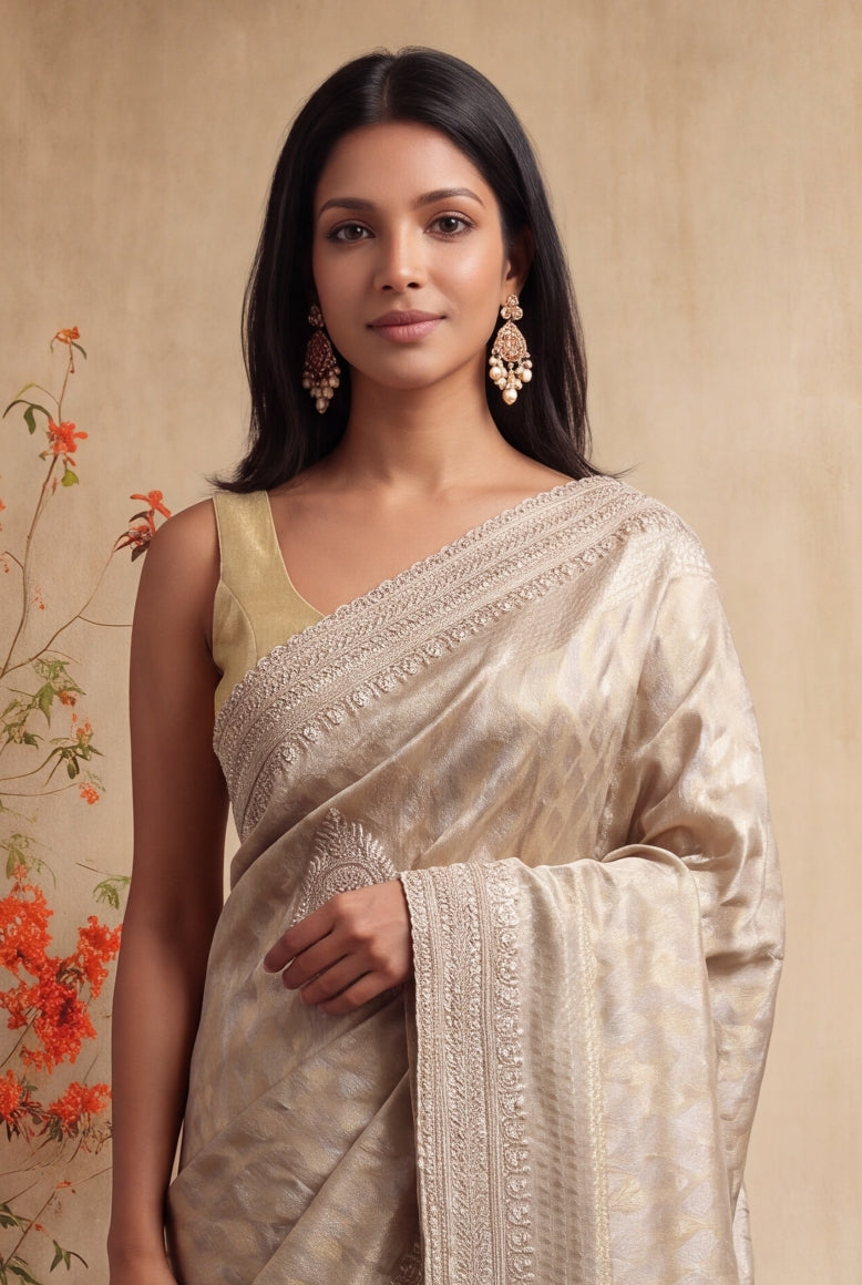 Rose Gold Zari Weave Saree with Zardosi Work - Mokshaa