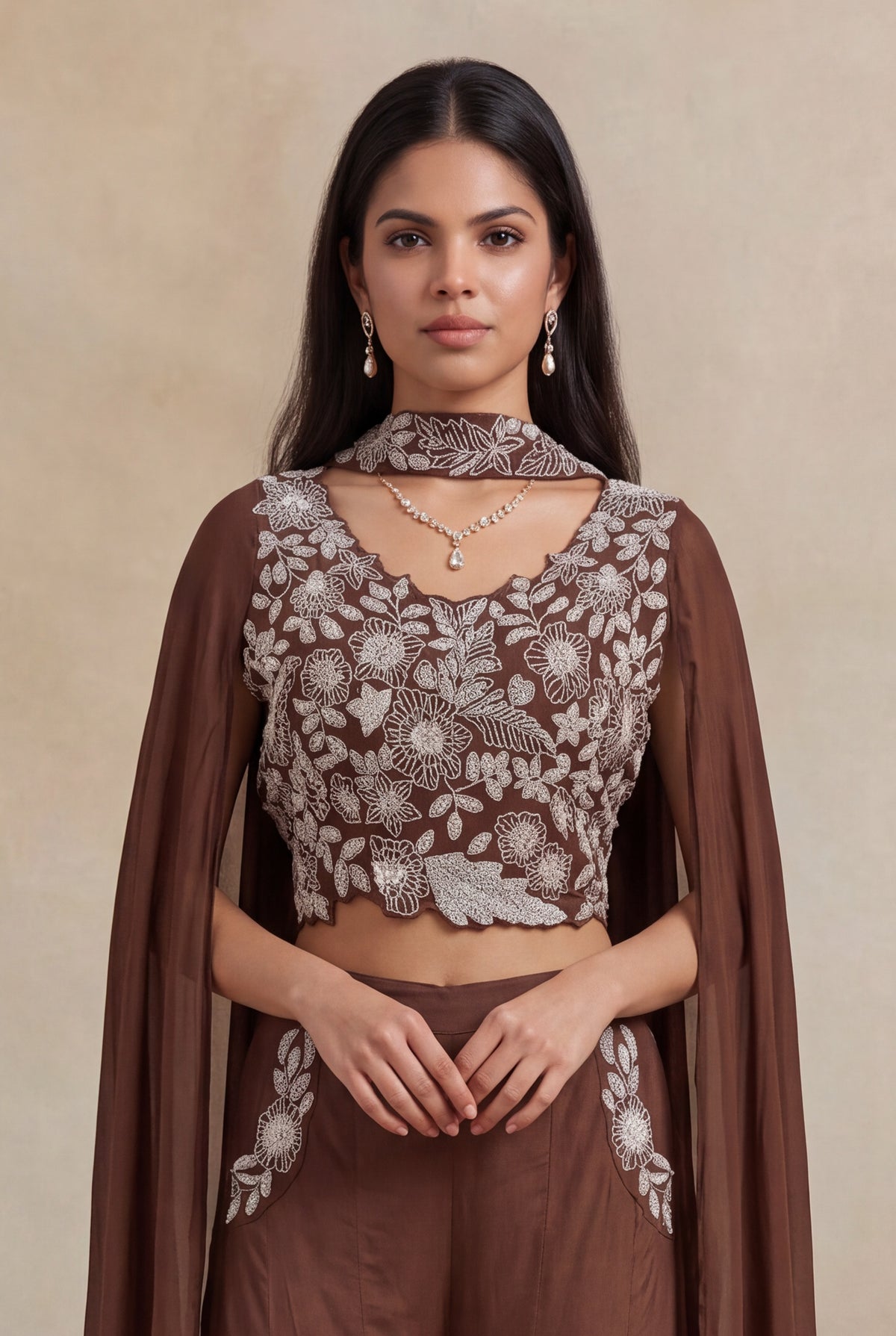 Brown Georgette Indo-Western Palazzo Set - Mokshaa