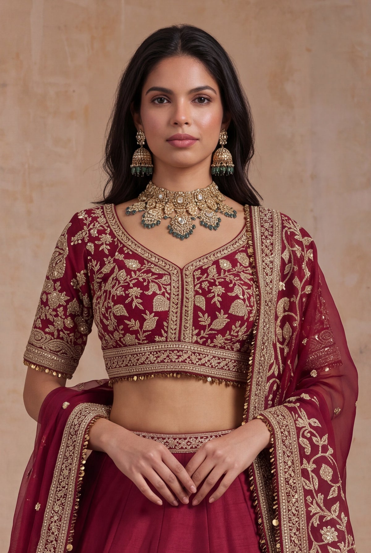 Maroon Raw Silk Lehenga - Mokshaa