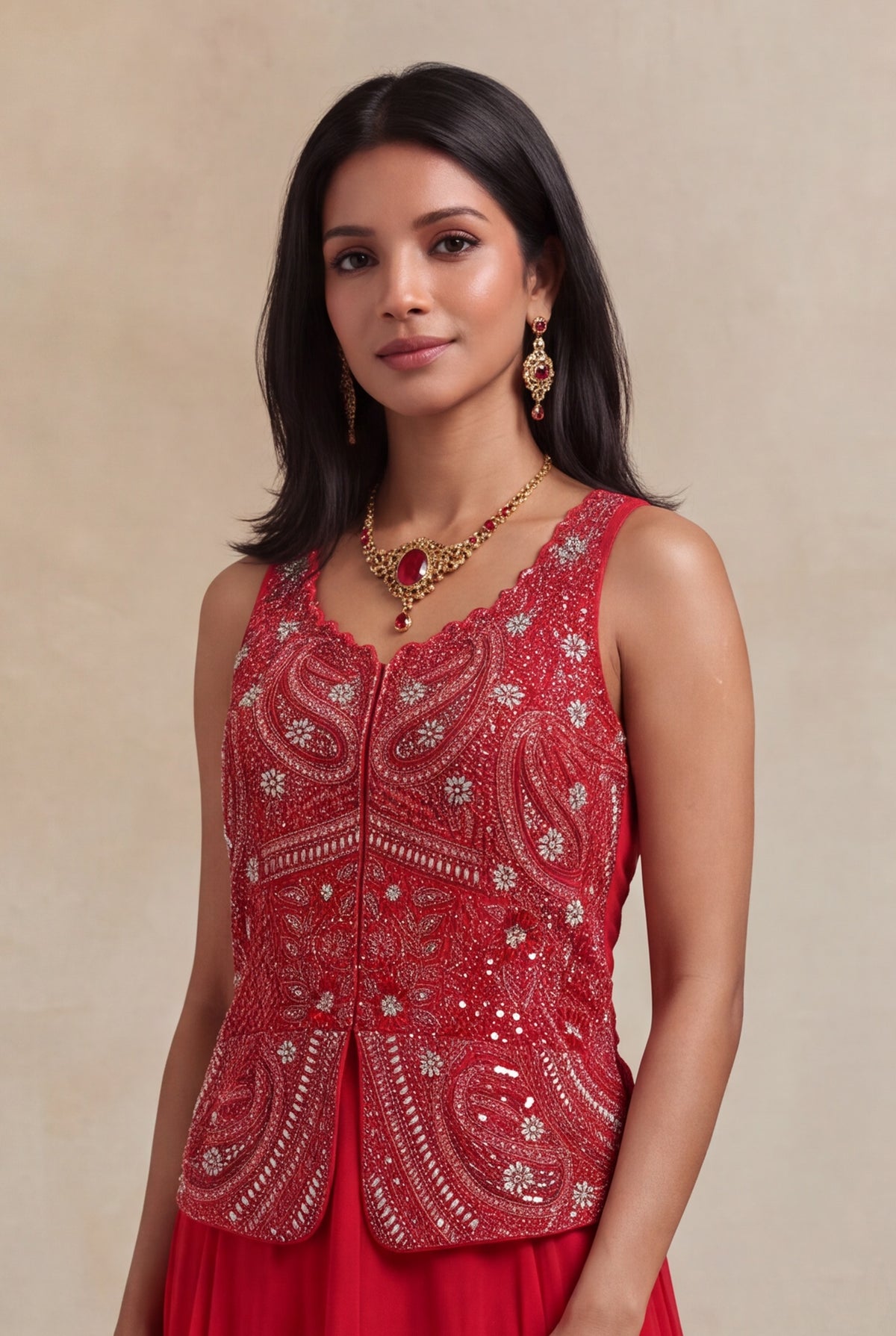 Red Sequins & Katdana Embroidered Jacket Gown - Mokshaa
