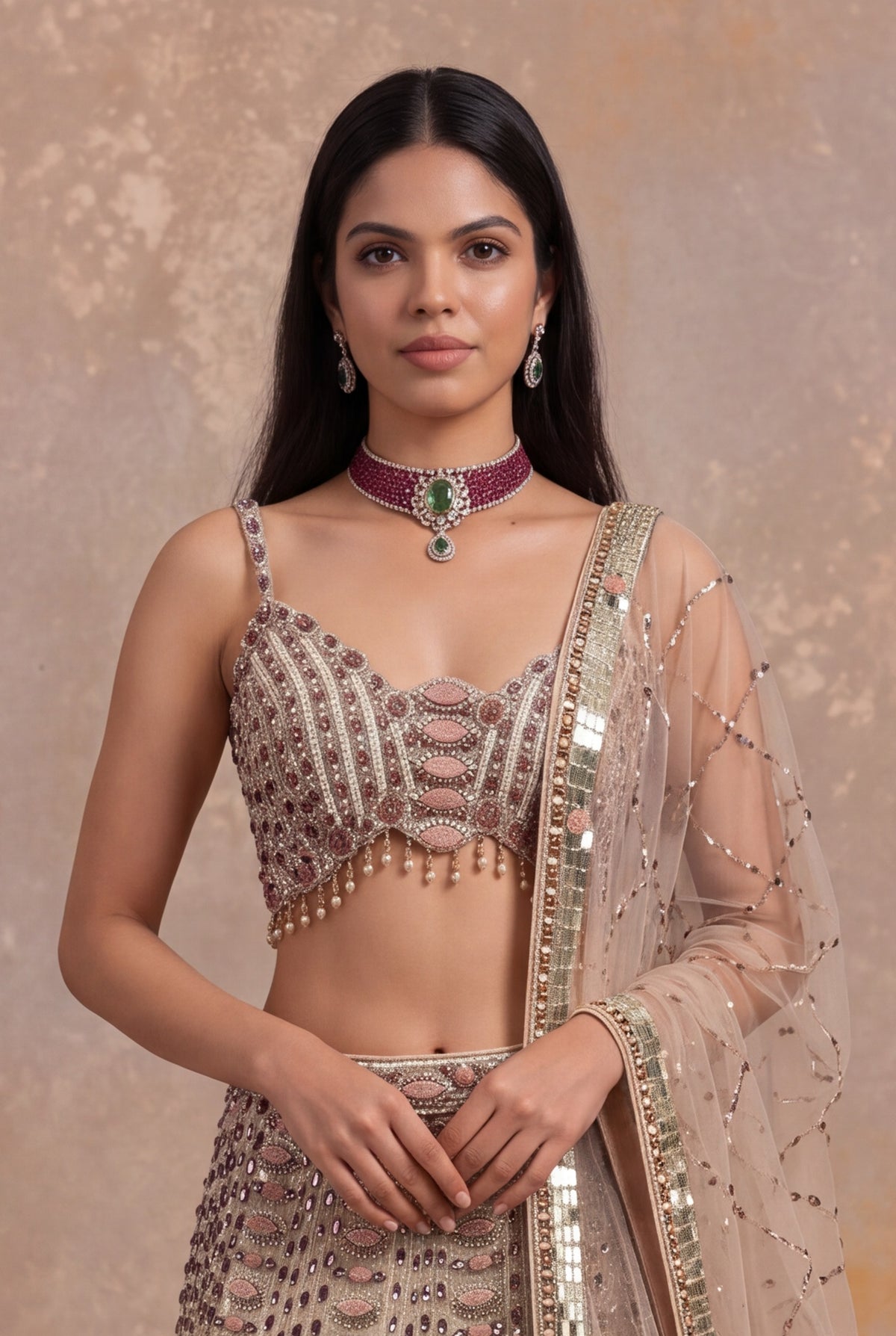 Light Peach Silk Lehenga Set with Stone and Pearl Embroidery - Mokshaa