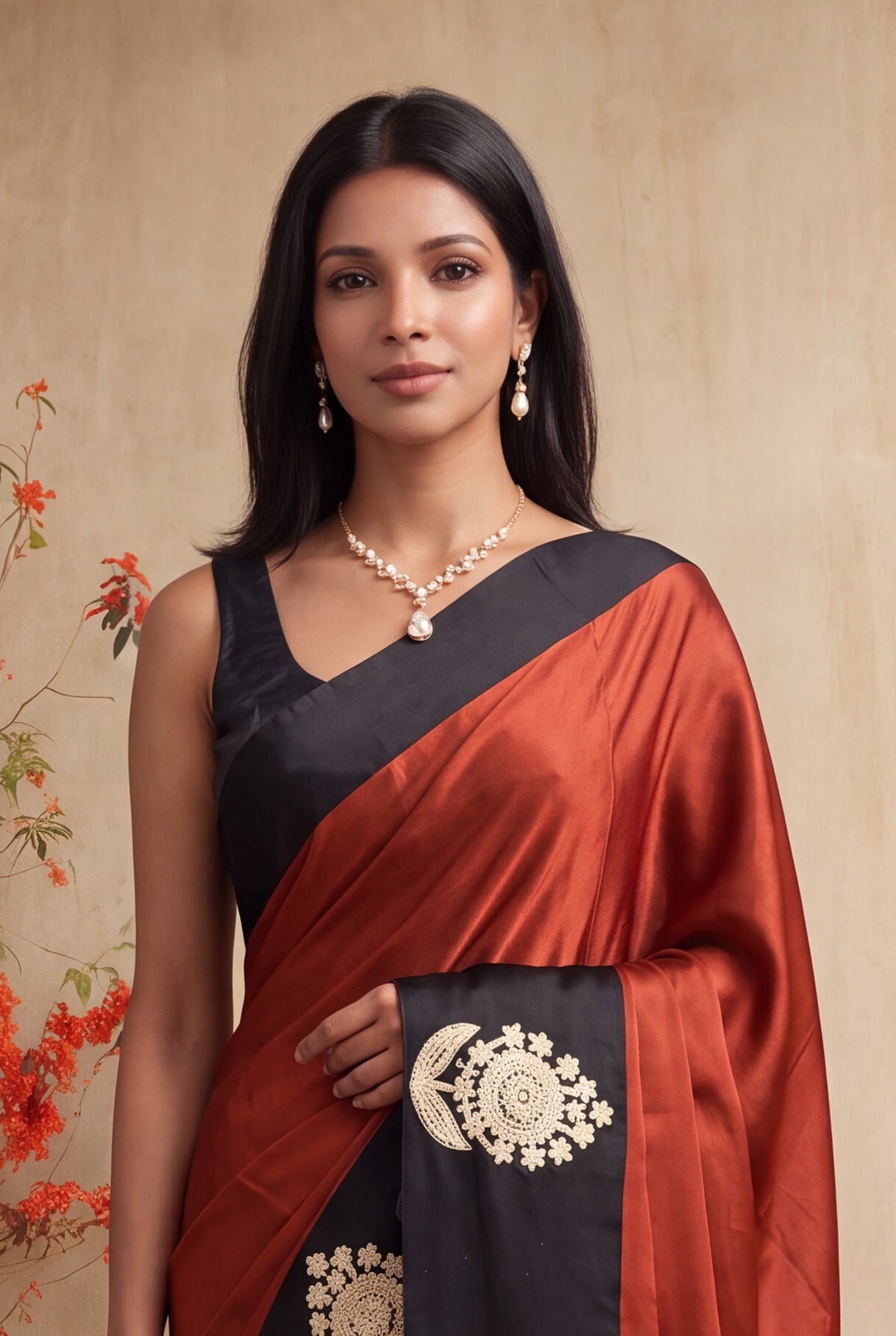Rust Orange Crepe Silk Saree - Mokshaa