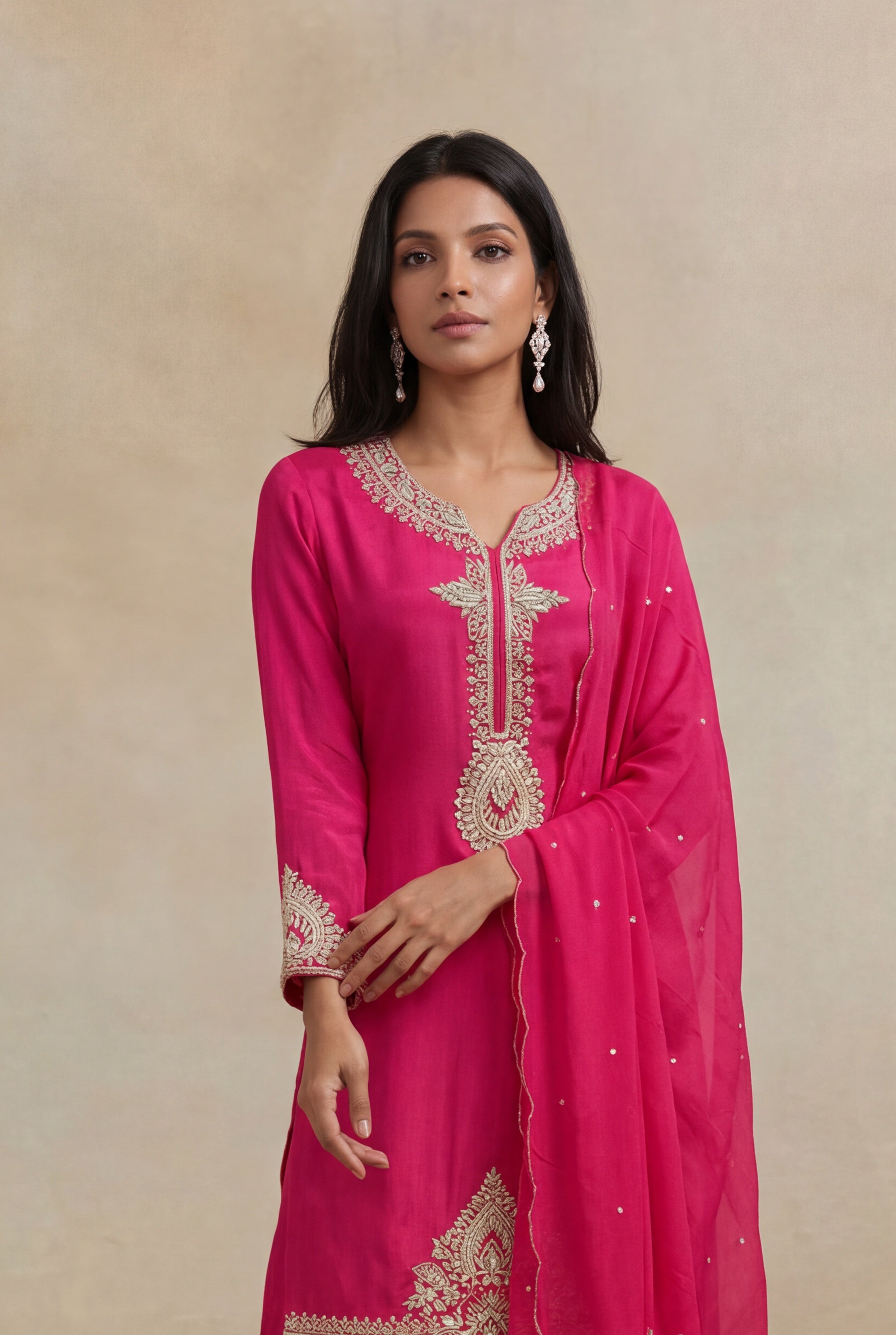 Rani Pink Crepe Embroidered Short Top Sharara Set