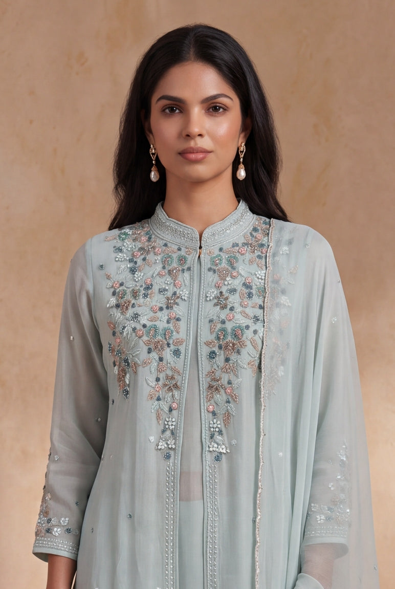 Powder Blue Crepe Indo-Western Sharara Set - Mokshaa