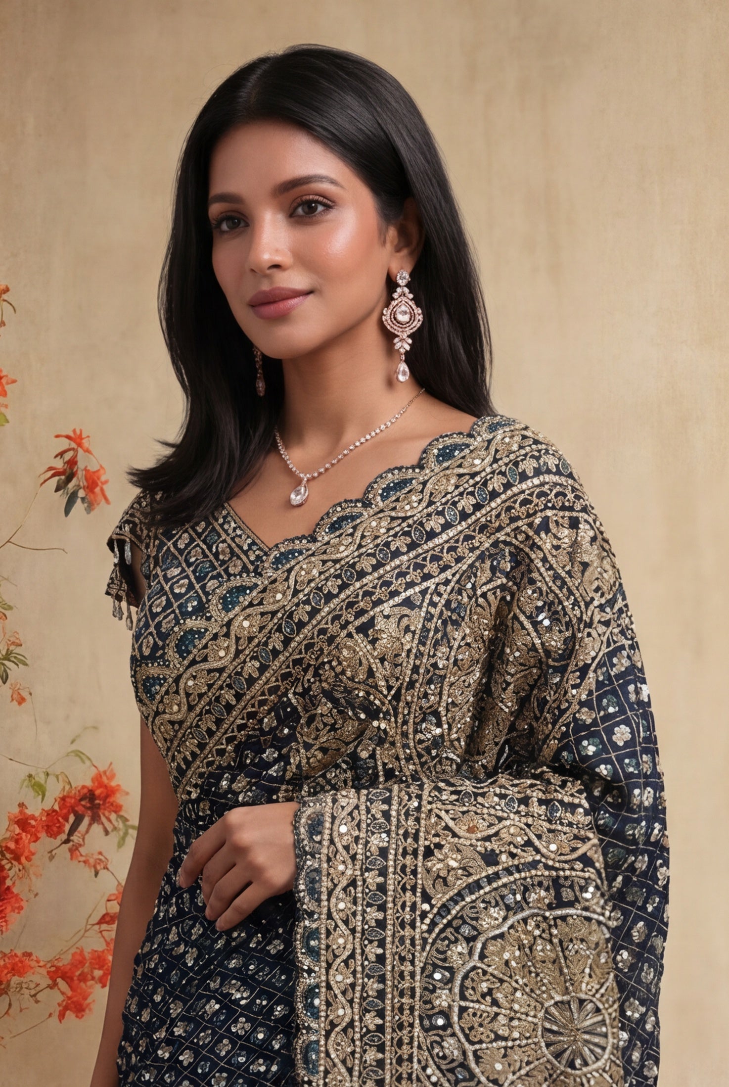 Navy Blue Rinkle Georgette Sequins Saree