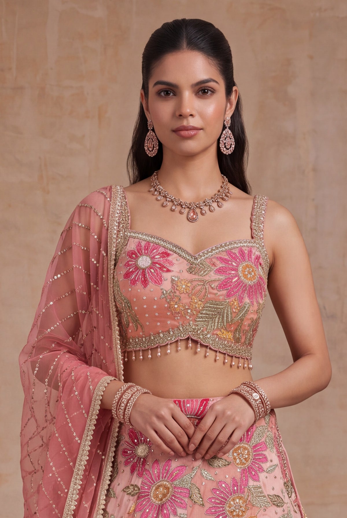 Peach Crepe Silk Lehenga - Mokshaa