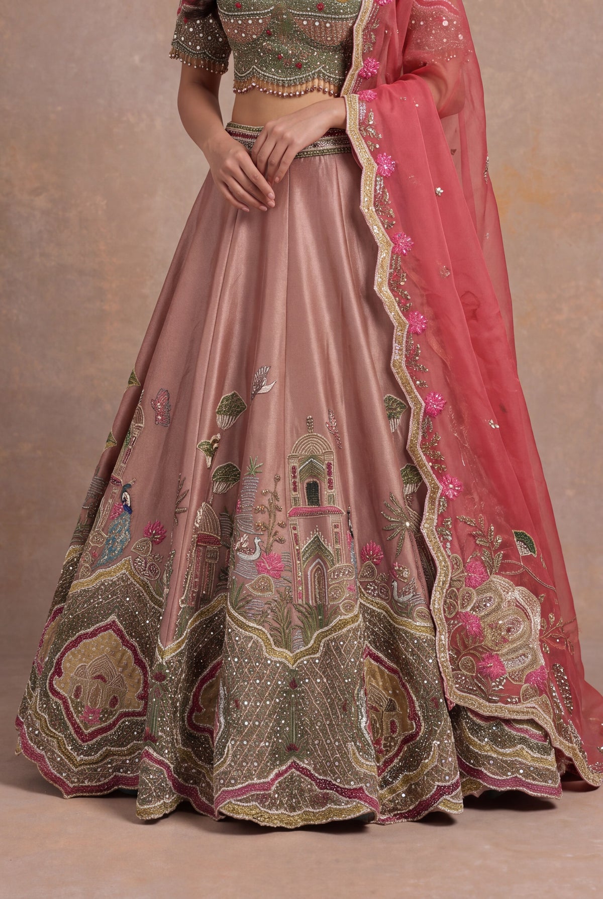 Dusty Rose Tissue Lehenga Set with Velvet Applique - Mokshaa