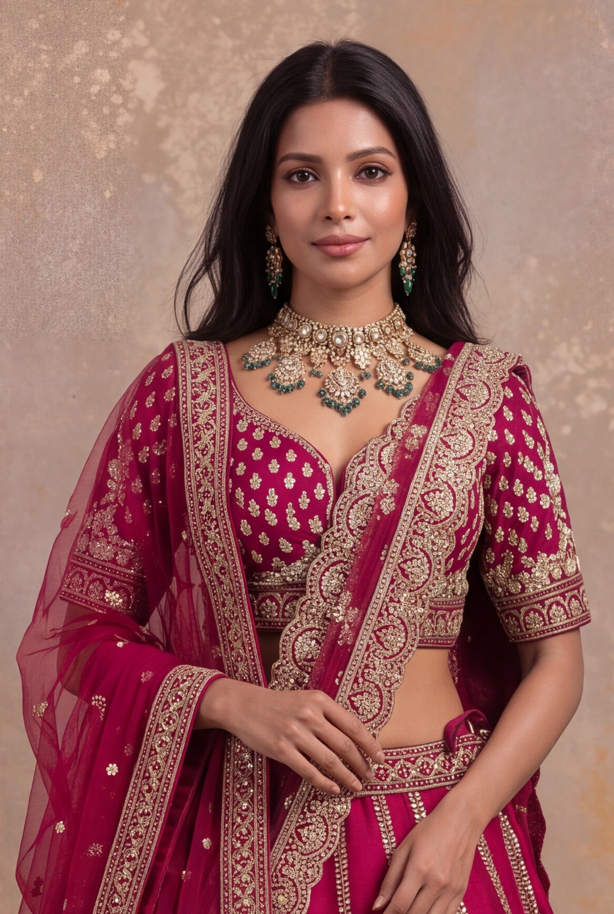 Magenta Pink Raw Silk Lehenga Set with Zardozi and Kundan Work - Mokshaa