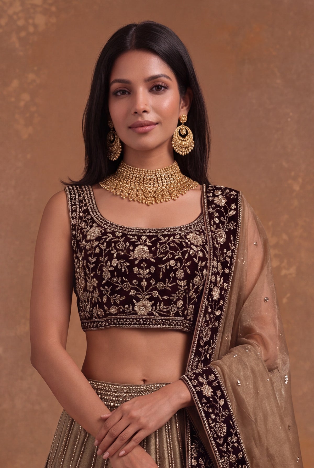 Tissue Lehenga with Maroon Velvet Blouse - Mokshaa