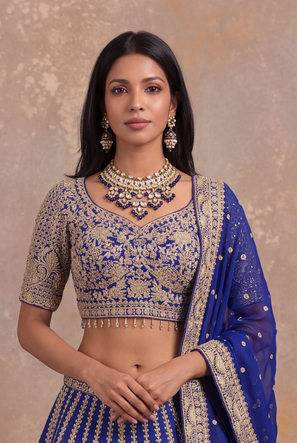 Ink Blue Raw Silk Lehenga Set with Zardozi Embroidery - Mokshaa
