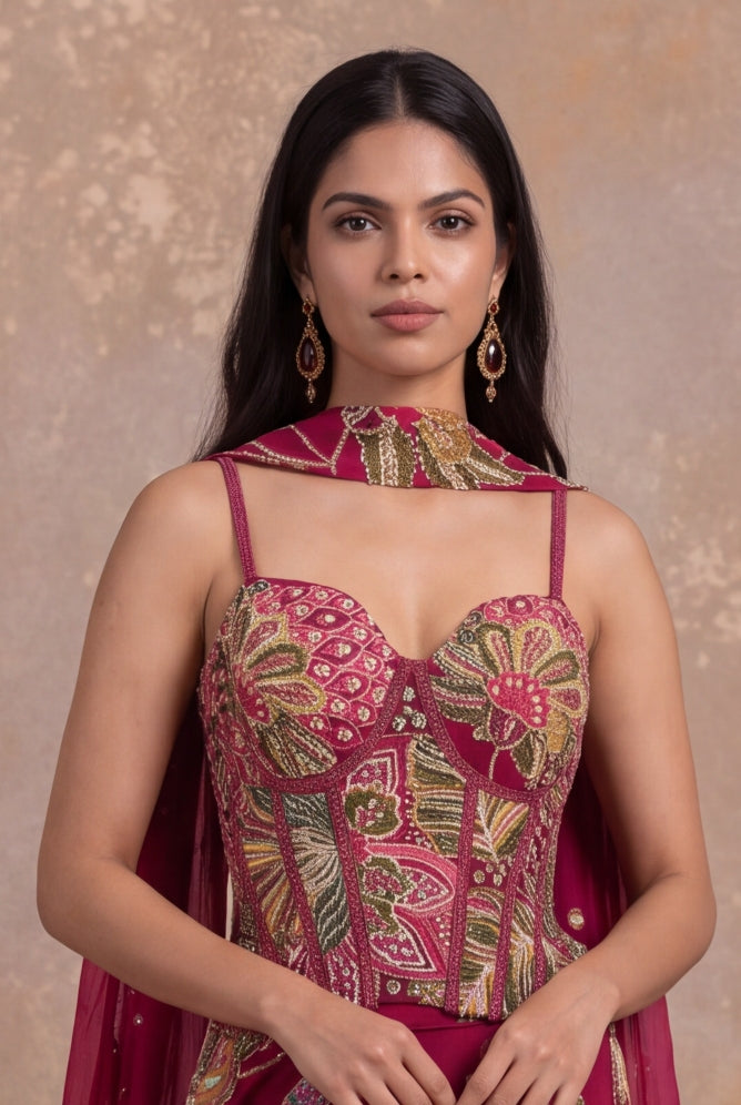 Rani Pink Organza Floral Embroidered Corset Lehenga - Mokshaa