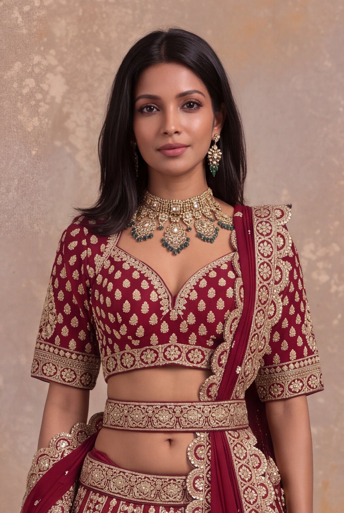 Maroon Raw Silk Lehenga Set with Zari and Pearl Embroidery - Mokshaa