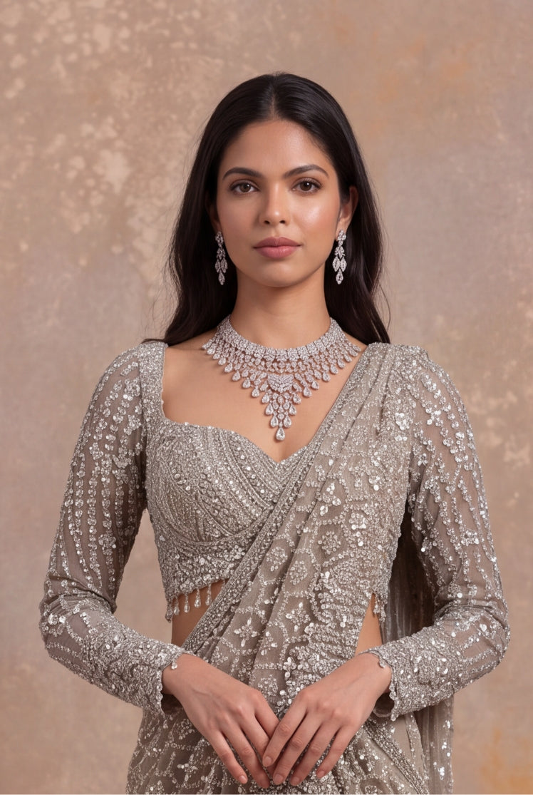 Beige Embellished Net Pre-Draped Saree - Mokshaa