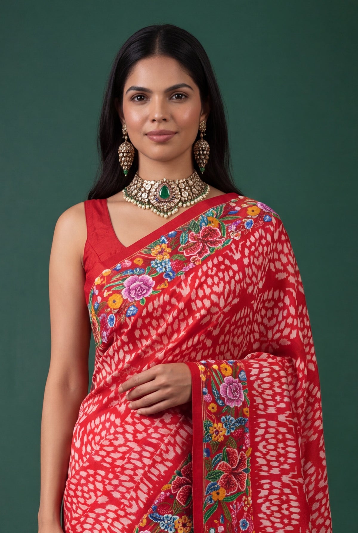 Red Ikat Silk Saree with Petit Point Border - Mokshaa