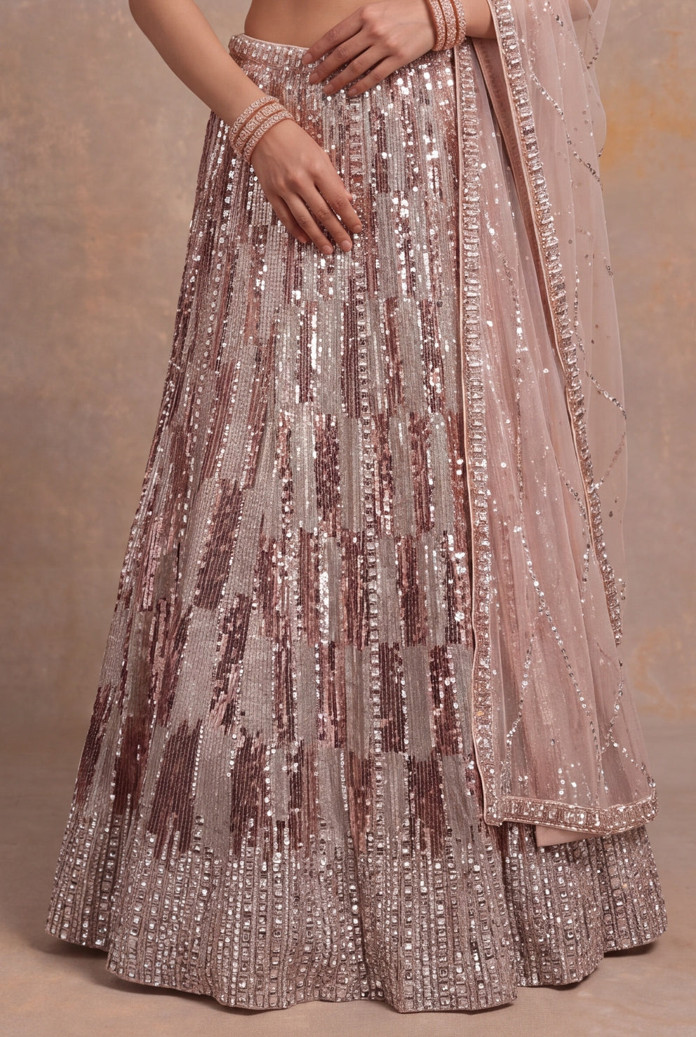 Peach Sequin & Katdana Embellished Net Lehenga - Mokshaa
