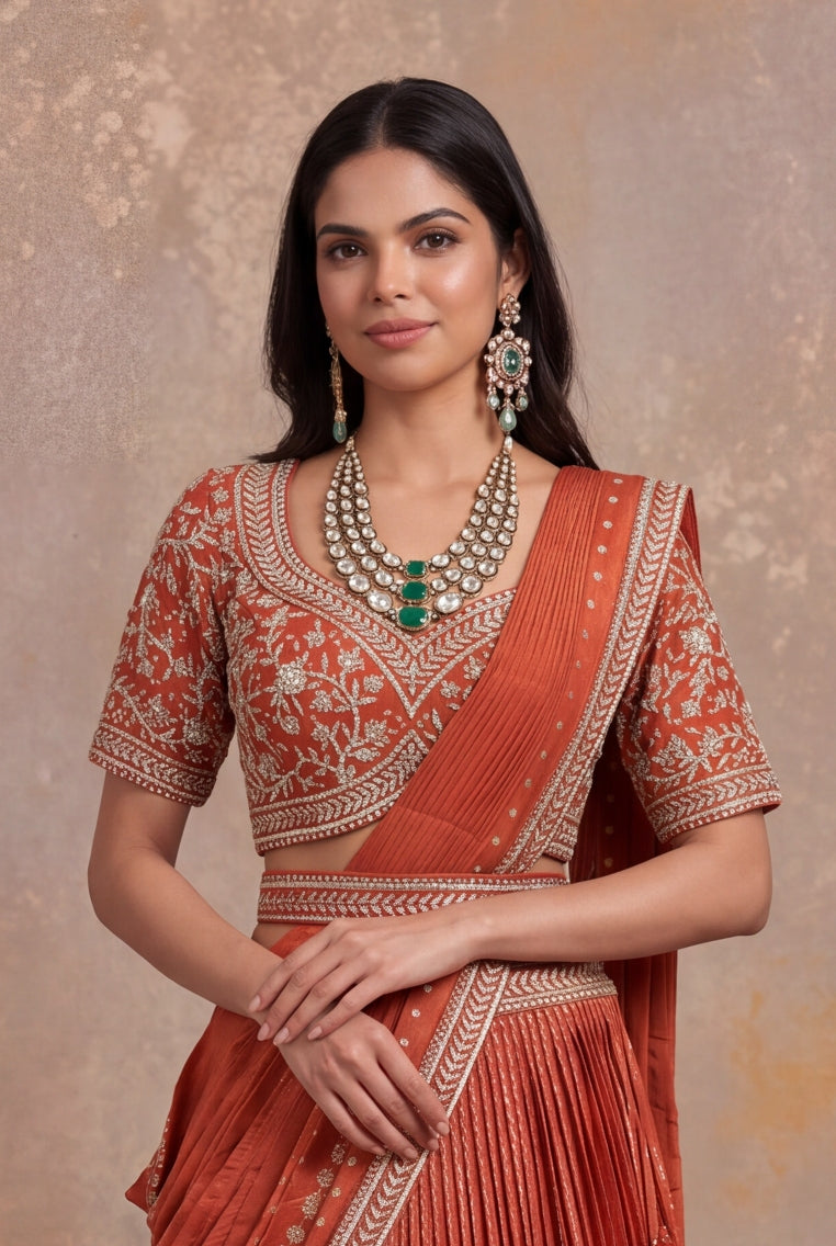 Light Orange Banarasi Draped Lehenga Set - Mokshaa