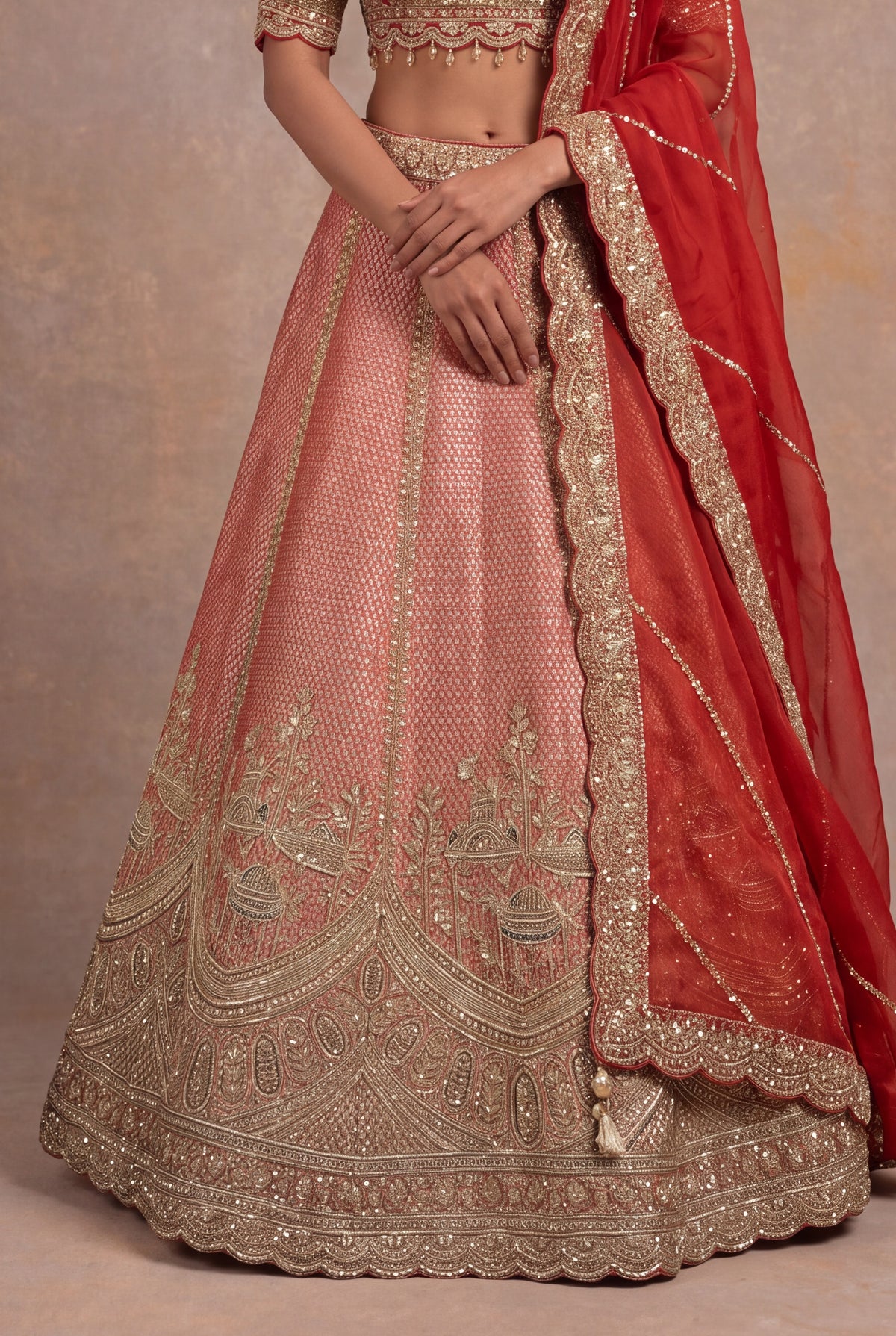 Rust Orange Banarasi Tissue Lehenga Set with Zardozi Embroidery - Mokshaa