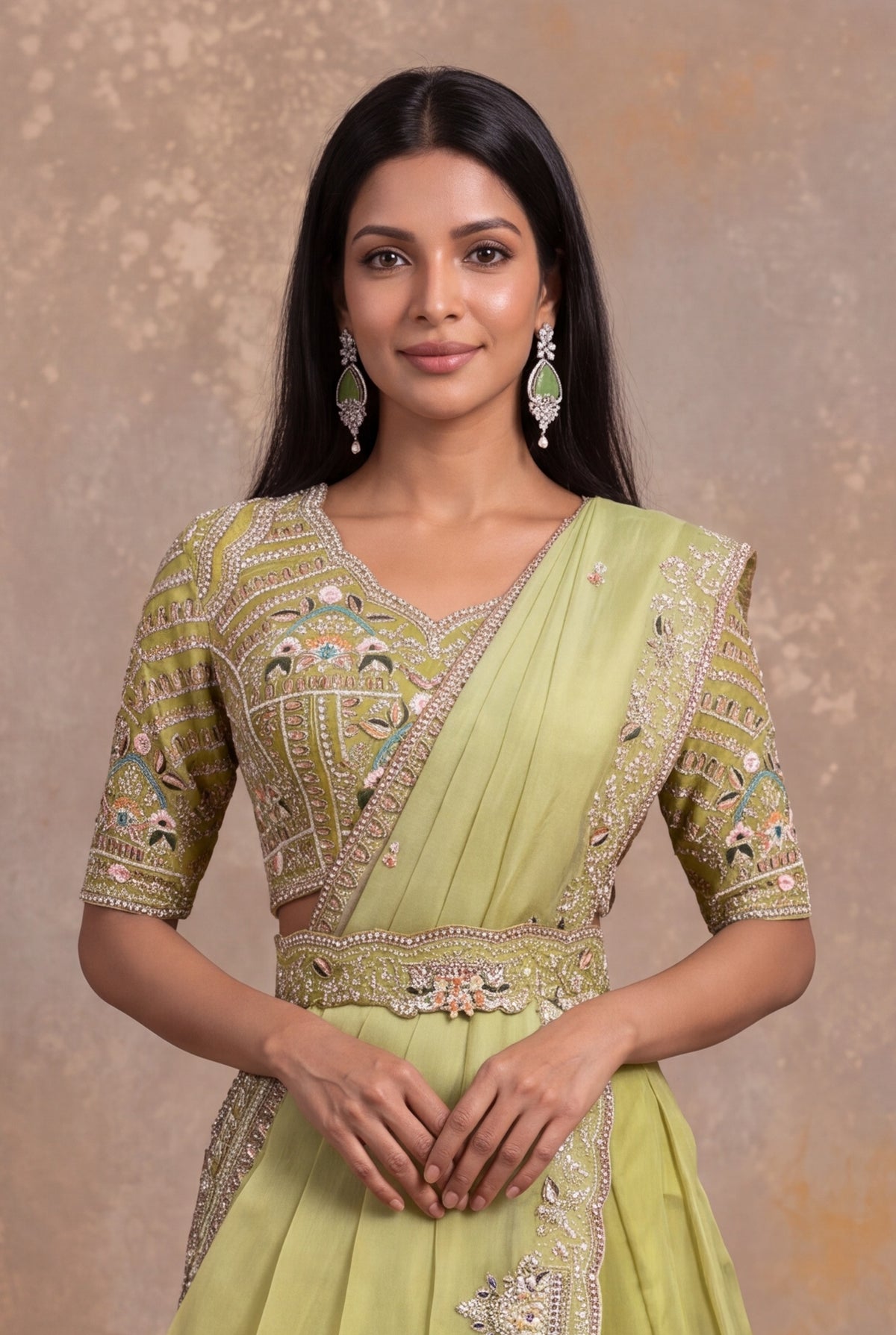 Pastel Green Organza Draped Lehenga - Mokshaa