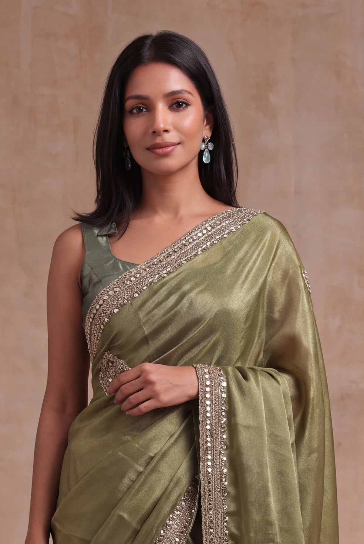 Olive Green Organza Saree with Gold Embellishments - Mokshaa