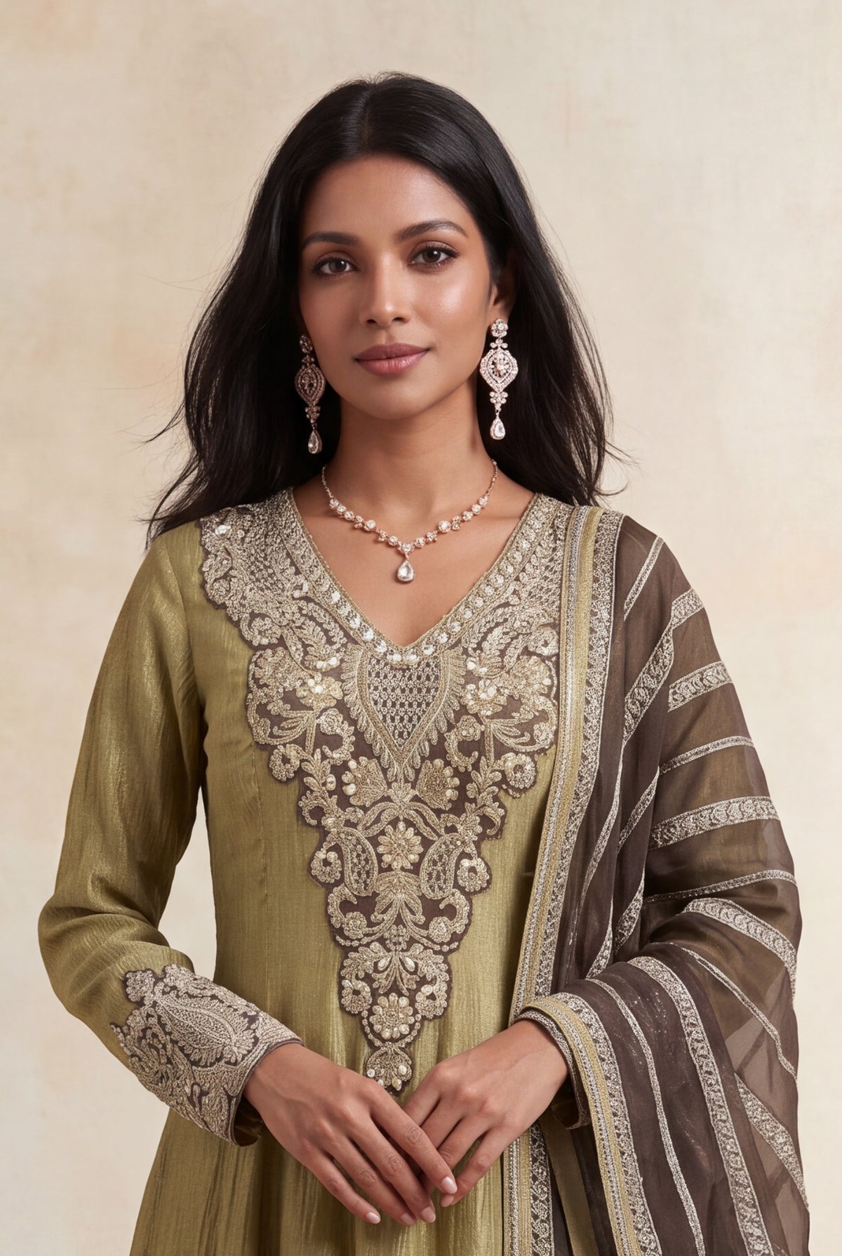 Olive Crush Tissue Anarkali - Mokshaa