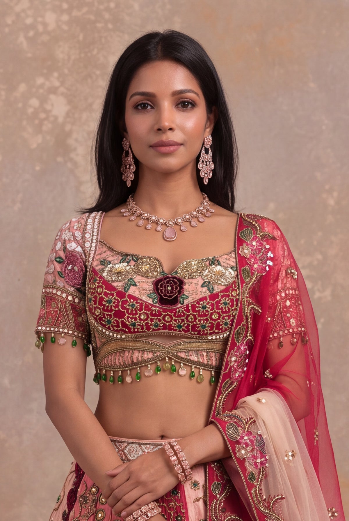 Multicolour Pink Raw Silk Embroidered Lehenga - Mokshaa