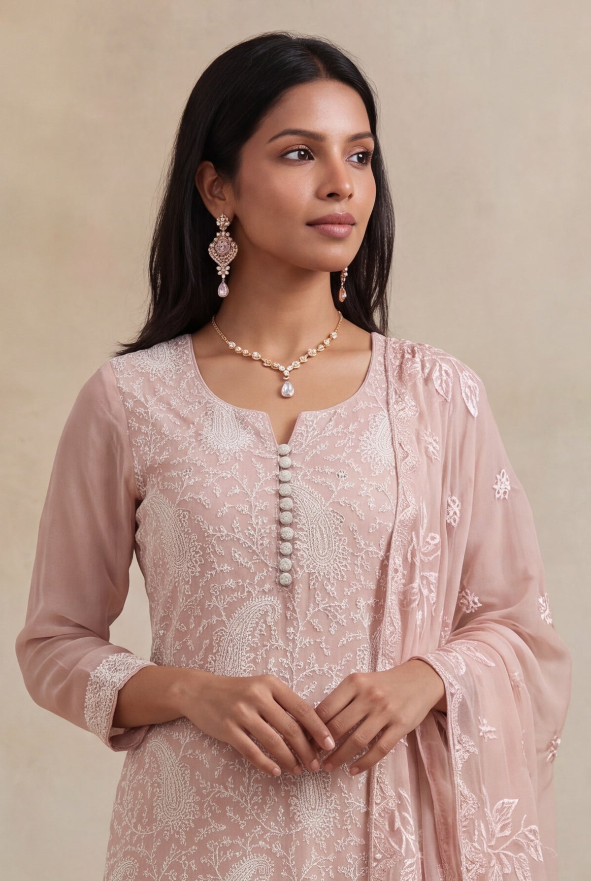 Blush Pink Georgette Straight-Cut Salwar Suit - Mokshaa