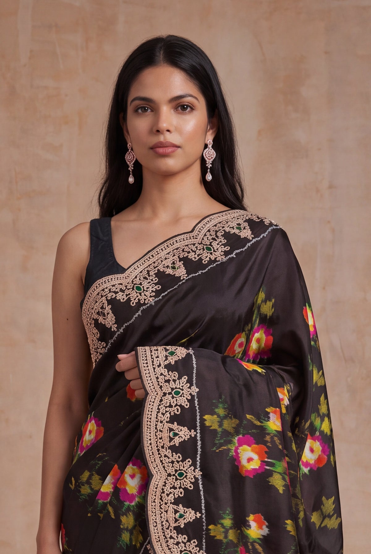 Dark Brown Twill Patola Silk Saree - Mokshaa