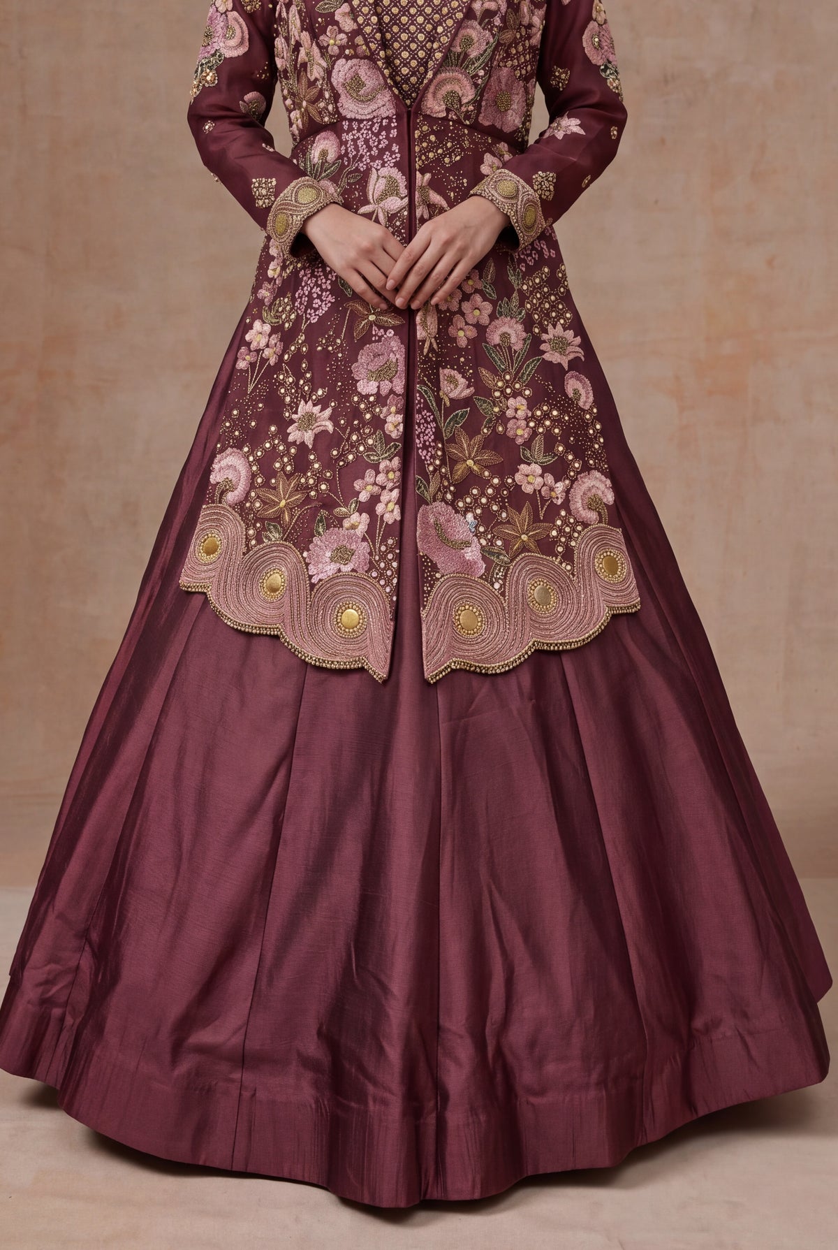 Wine Mauve Raw Silk Jacket Lehenga with Floral Embroidery - Mokshaa