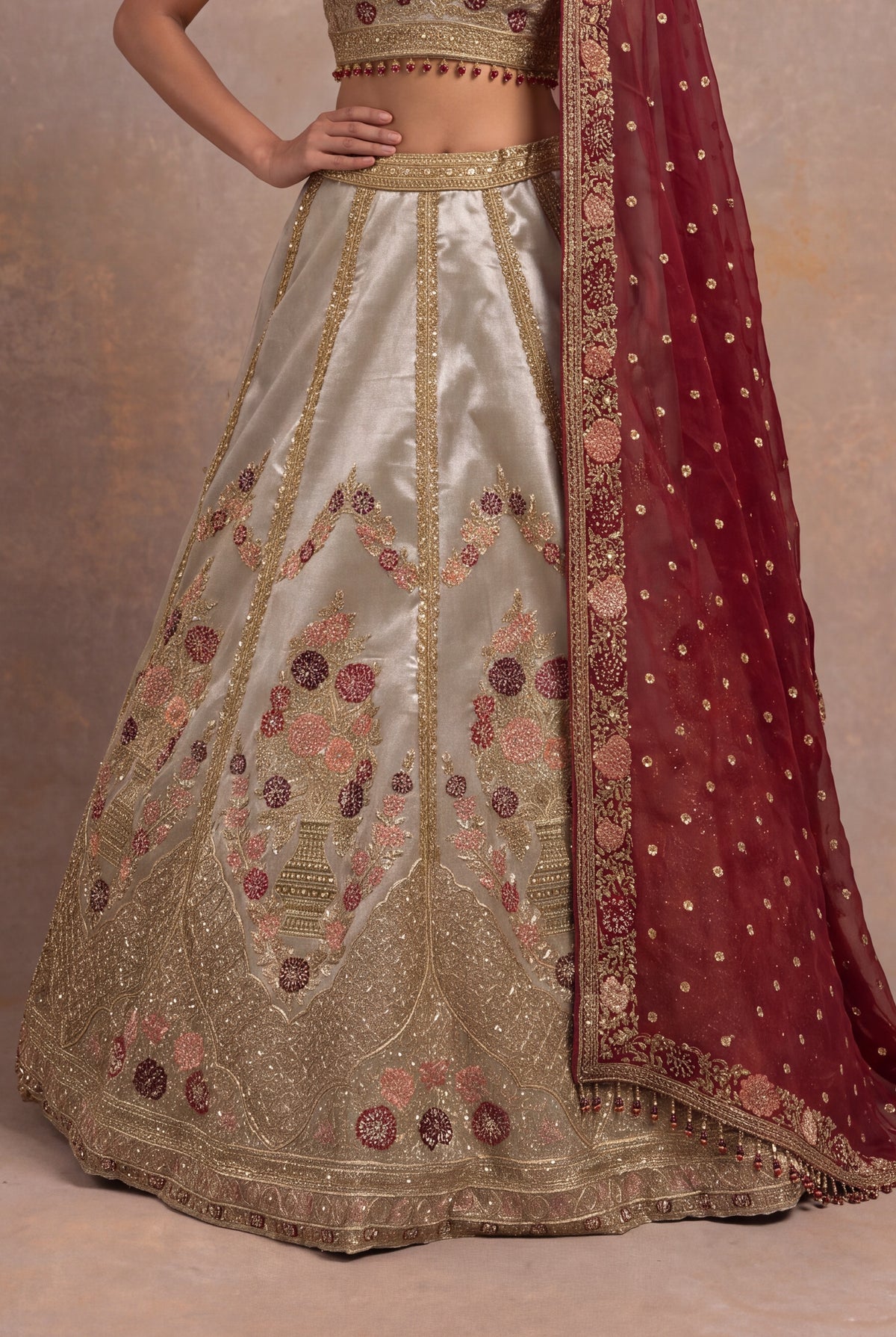 Gray Tissue Lehenga Set with Zardozi and Velvet Applique - Mokshaa