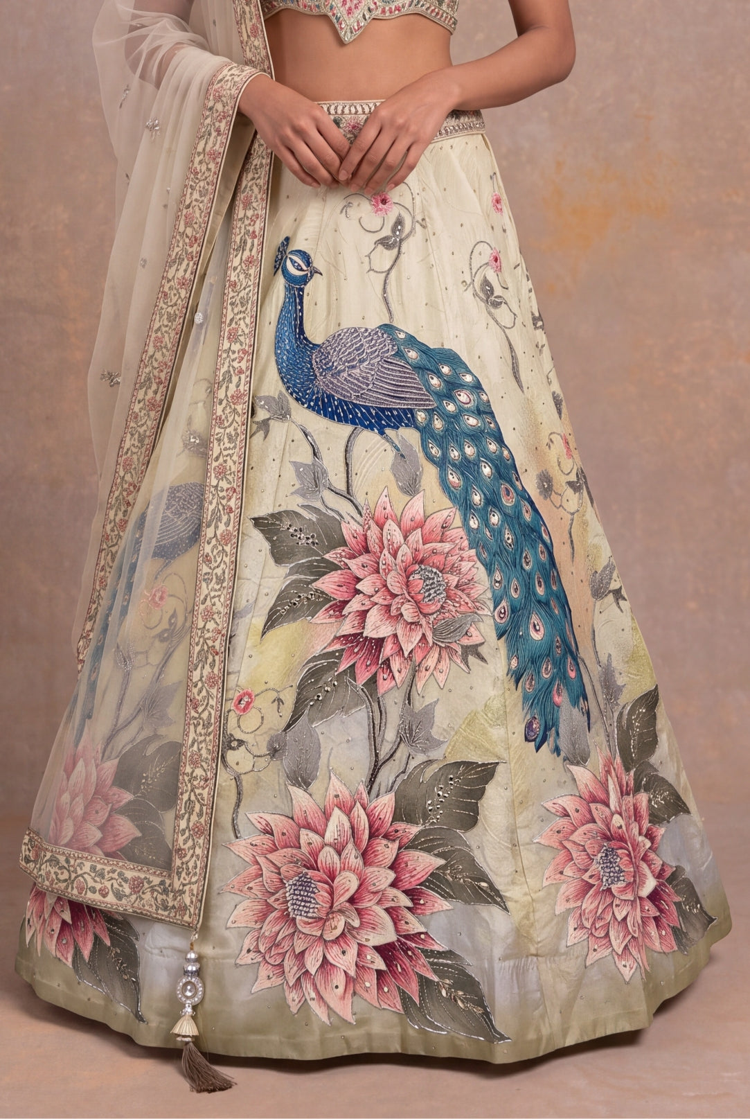 Pista Green Peacock & Floral Silk Lehenga - Mokshaa