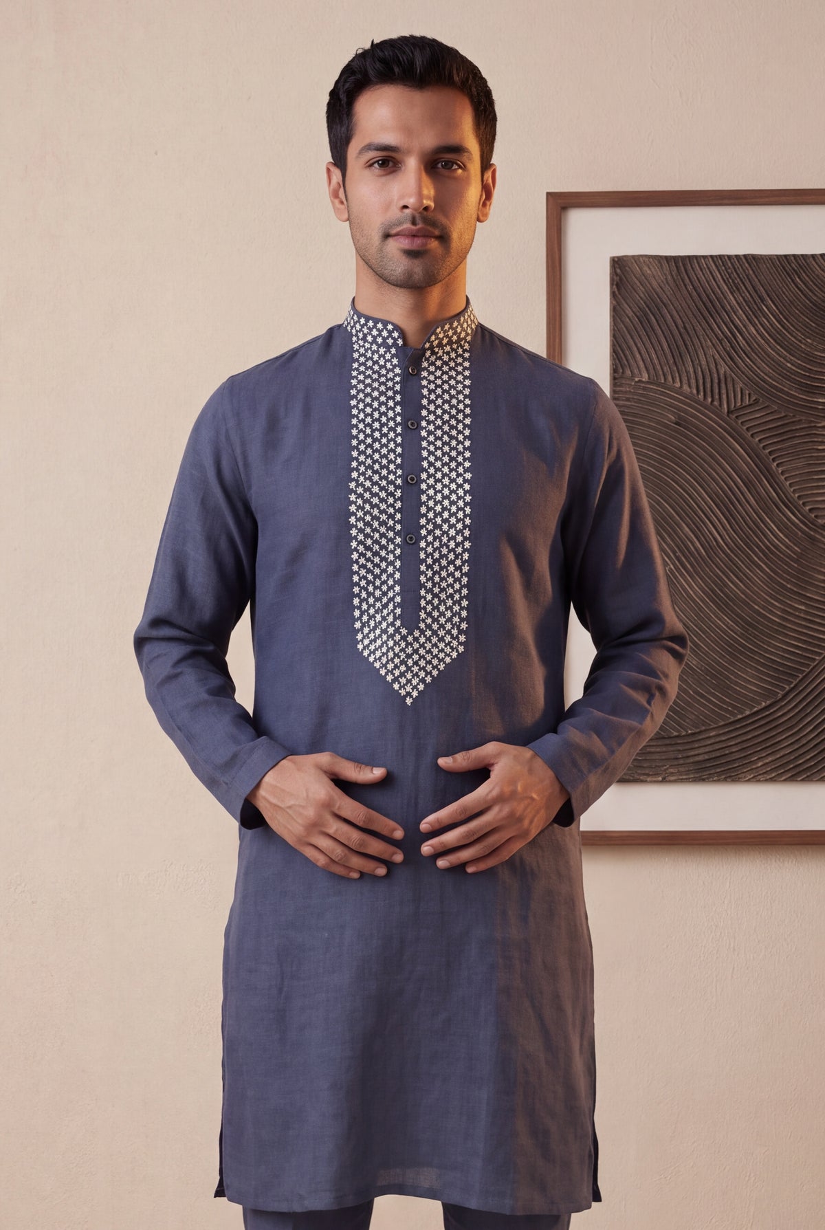 Grey Linen Kurta Pant Set - Mokshaa