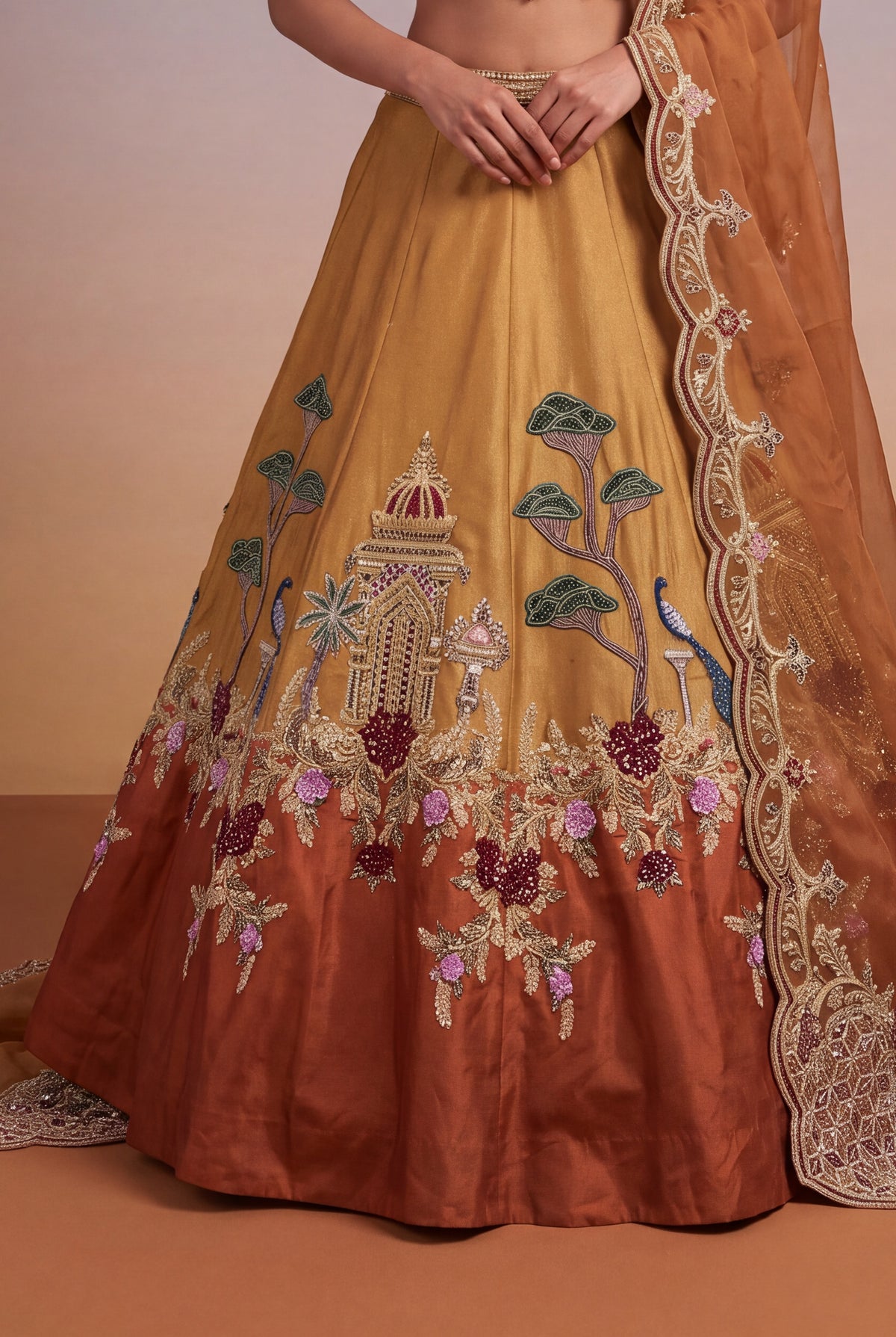 Mustard & Burnt Orange Tissue Lehenga - Mokshaa