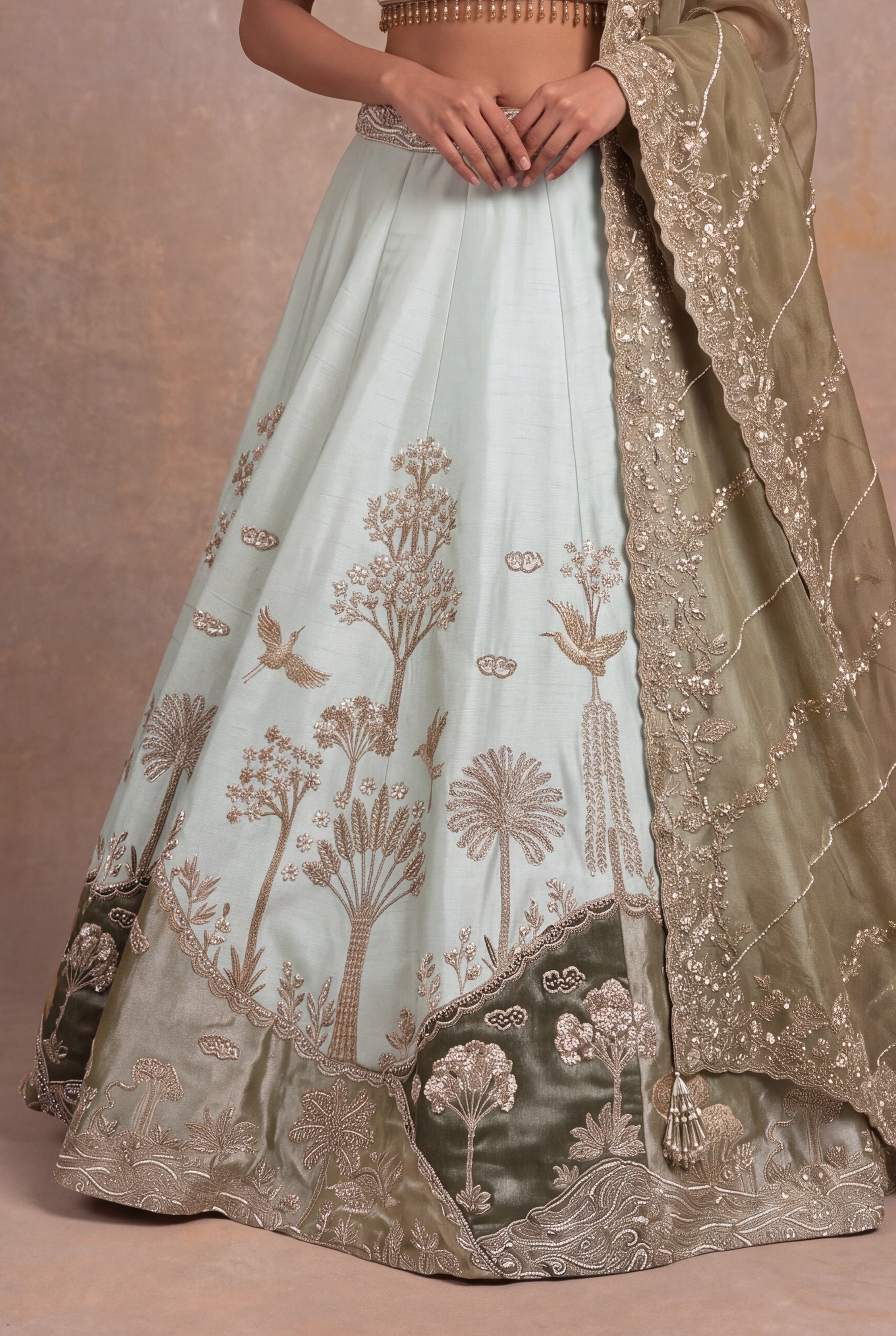 Pista Green Raw Silk Lehenga