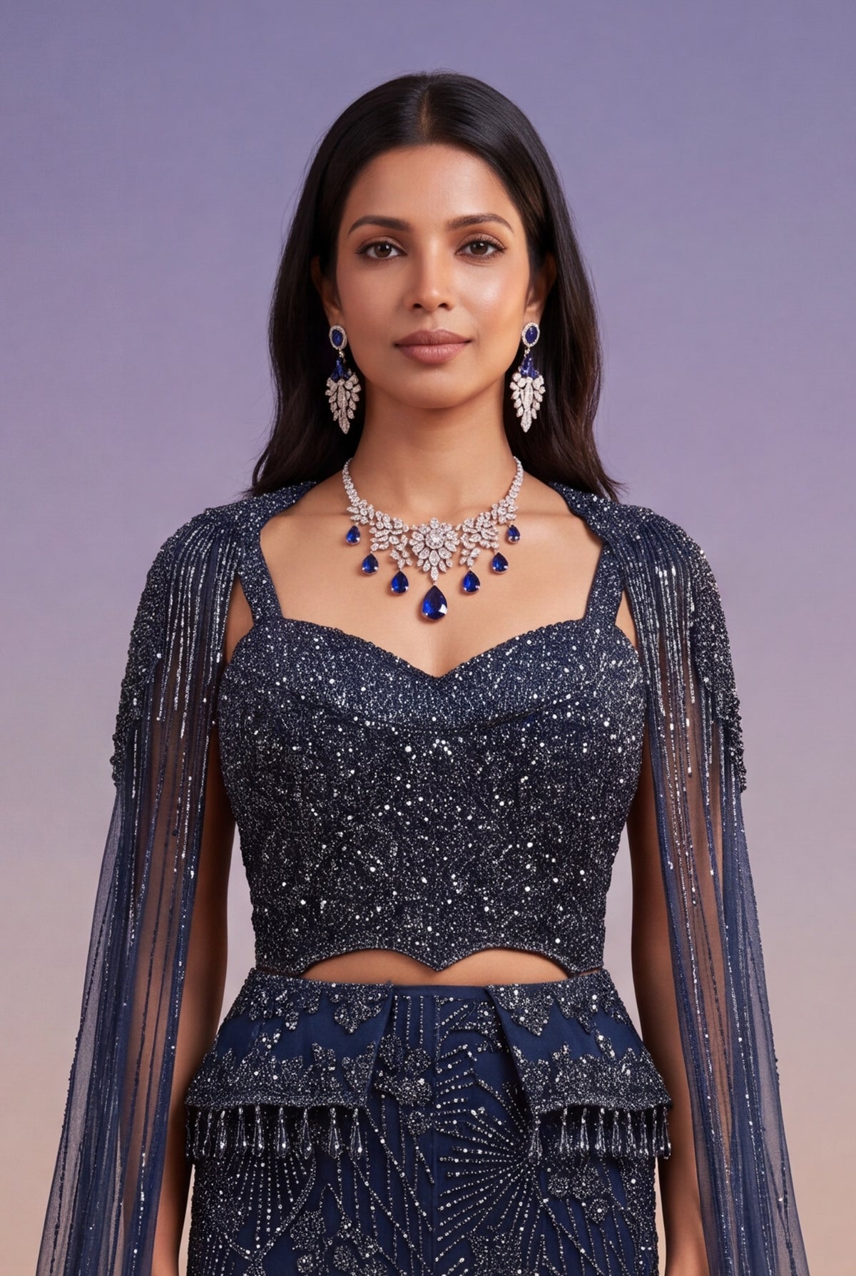 Navy Blue Embellished Fish-Cut Gown with Cape - Mokshaa