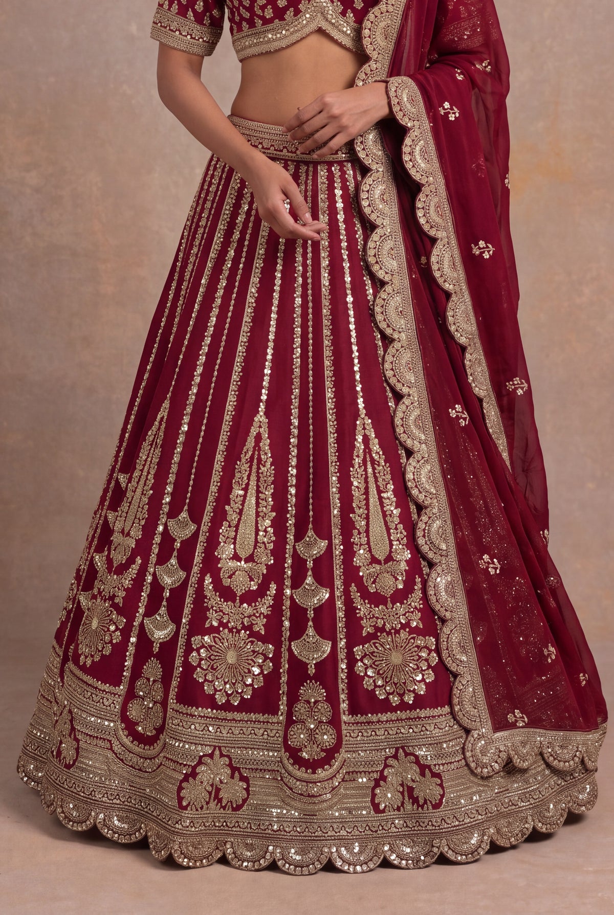 Maroon Raw Silk Lehenga Set with Cutdana Work - Mokshaa