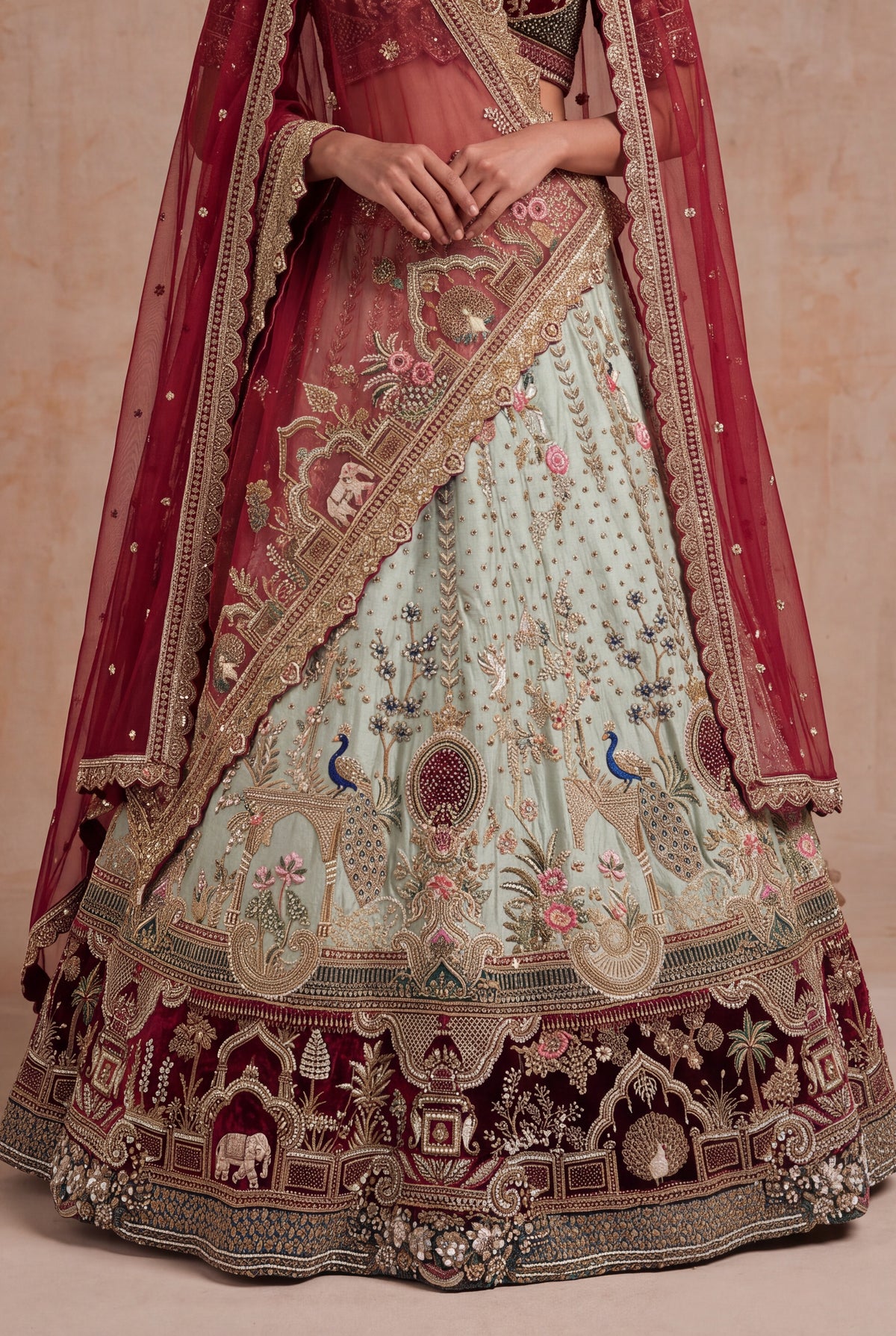 Ivory Raw Silk Lehenga with Zardosi & Pearl Work - Mokshaa
