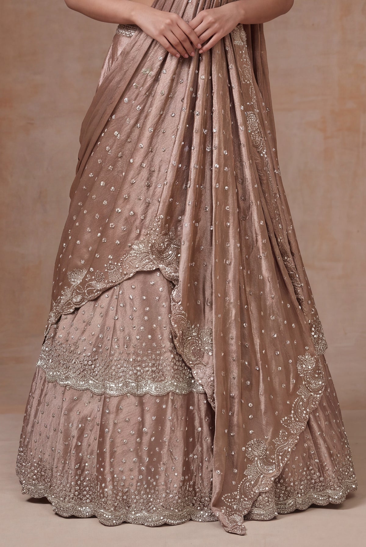 Rose Taupe Satin Silk Draped Lehenga with Sequin Work - Mokshaa