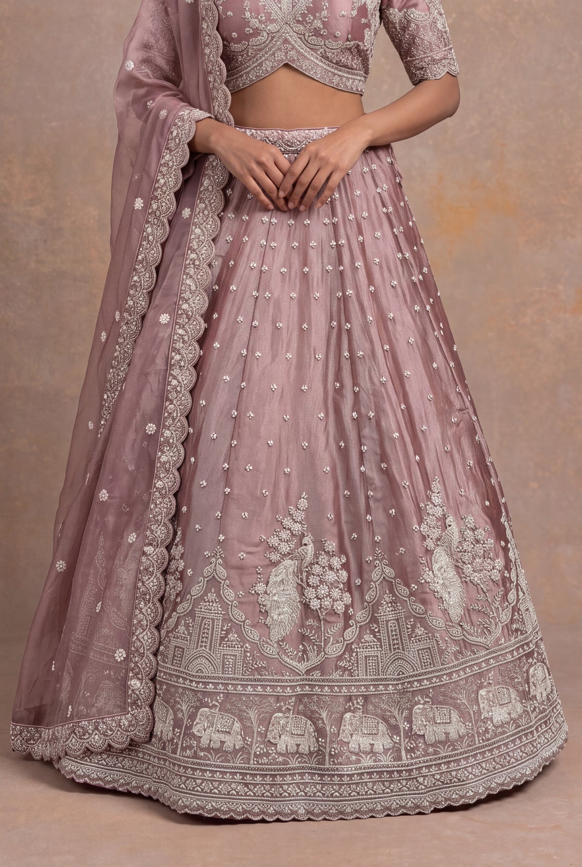 Dusty Rose Shimmer Organza Embroidered Lehenga - Mokshaa