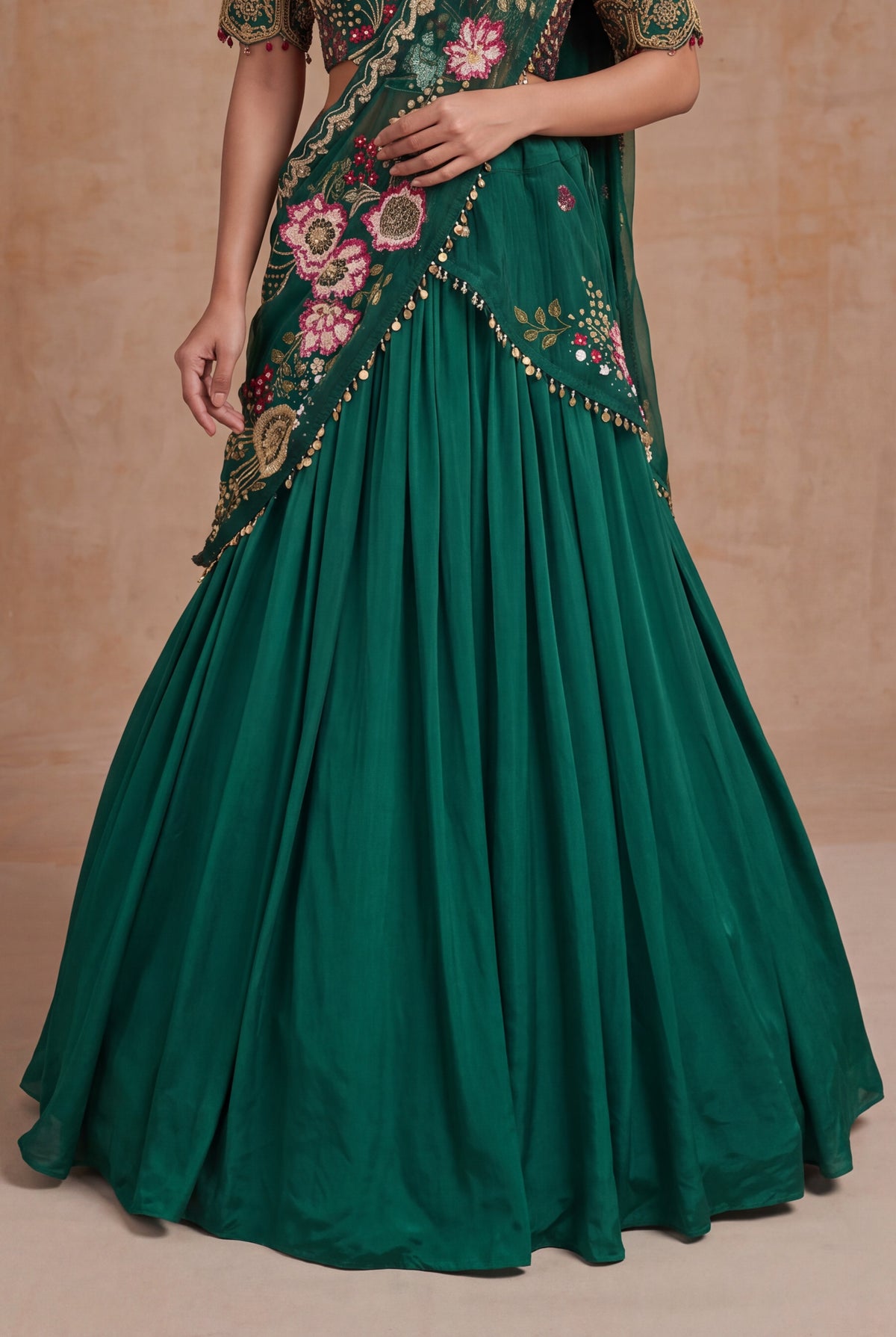 Emerald Green Draped Silk Lehenga set - Mokshaa