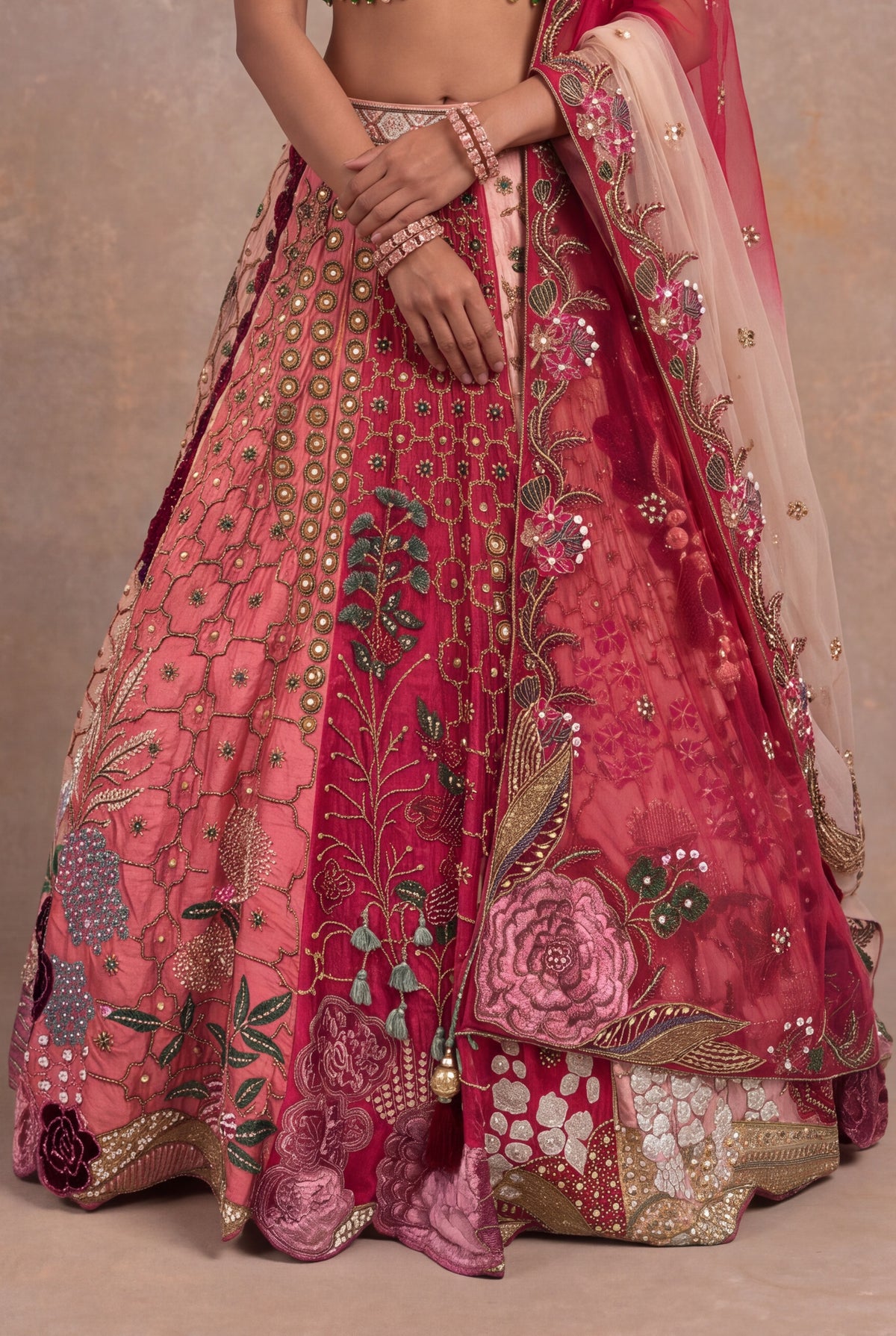 Multicolour Pink Raw Silk Embroidered Lehenga - Mokshaa