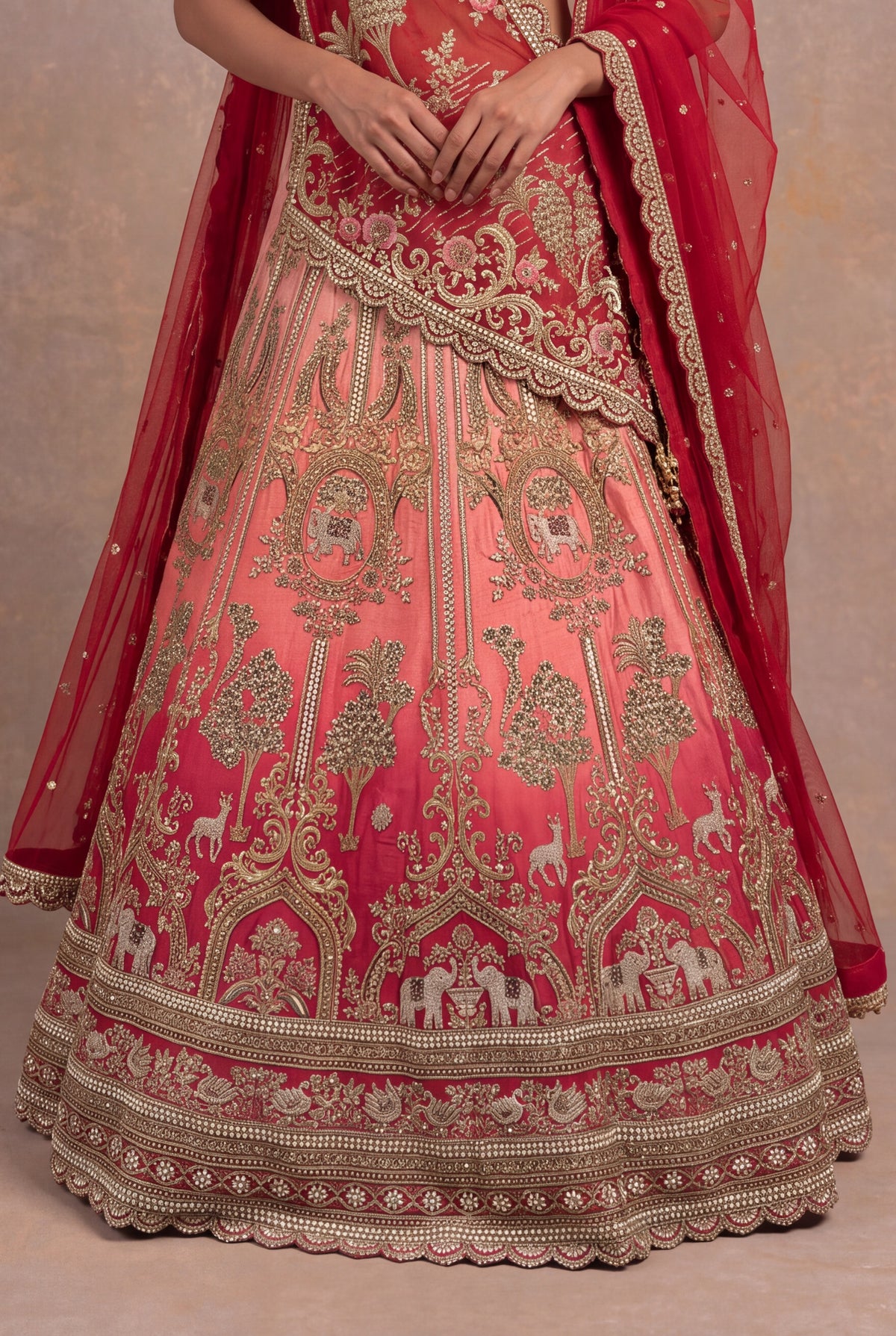 Red & Peach Silk Bridal Lehenga - Mokshaa