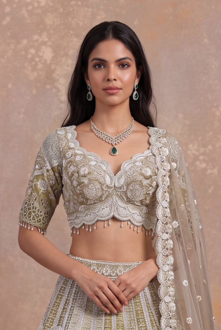 Shimmer Tissue Cutwork Lehenga - Mokshaa