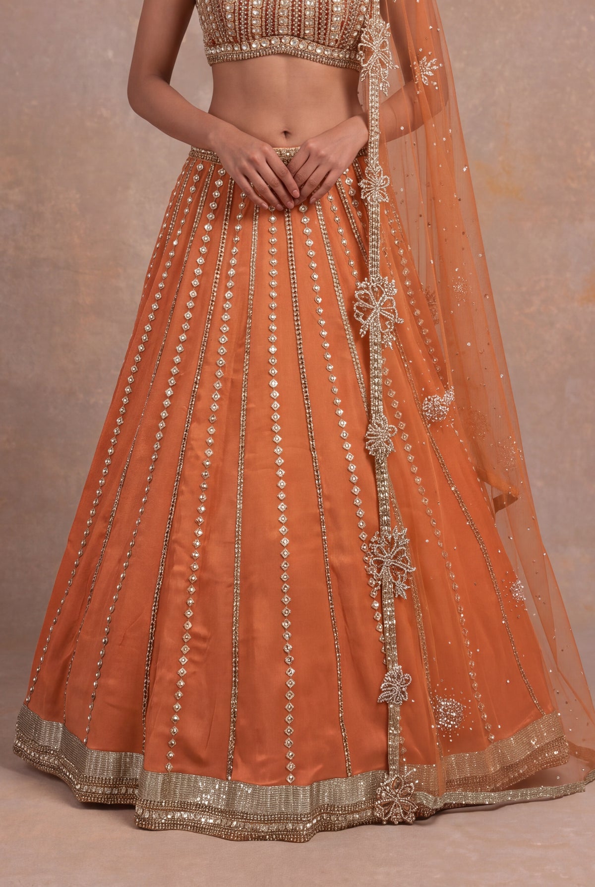 Gold Orange Tissue Lehenga Set with Sequin and Stone Work - Mokshaa